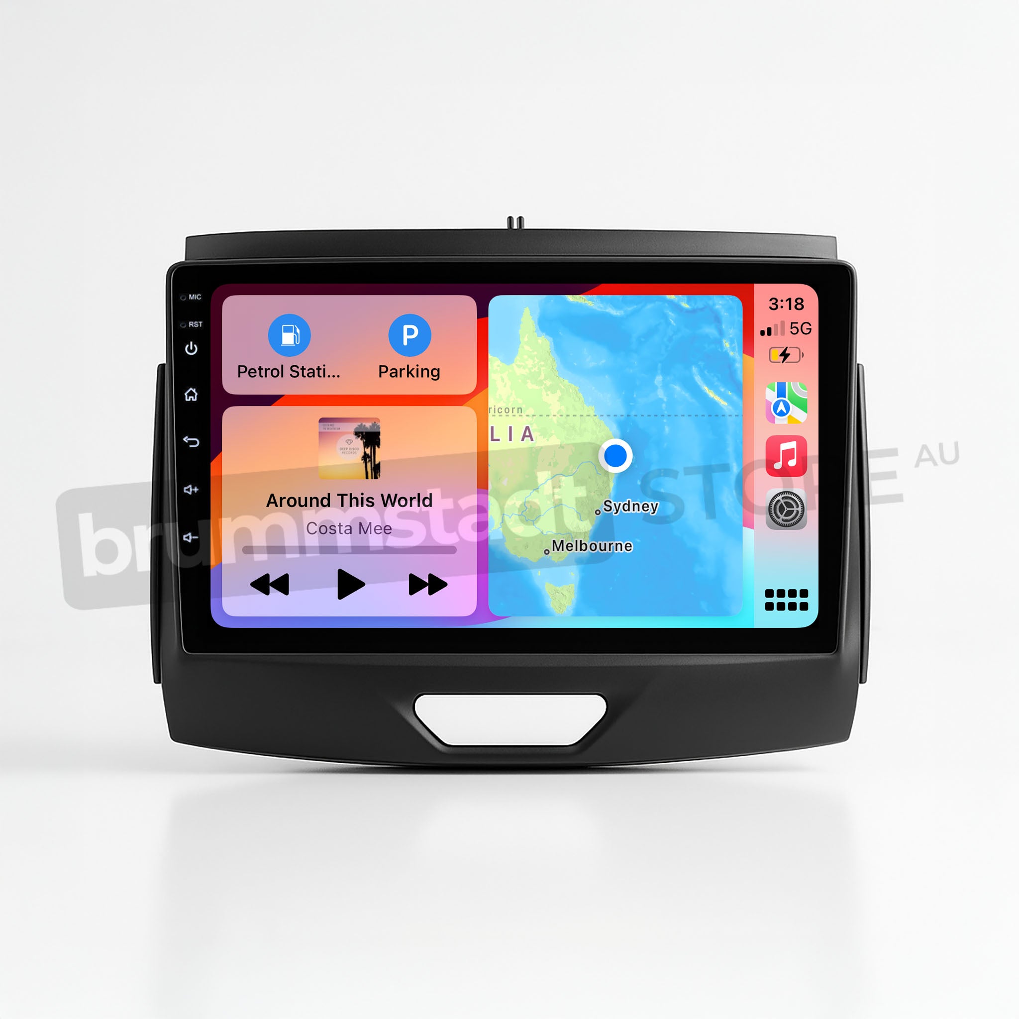 Brummstadt, Ford Ranger 2015-2022, Apple CarPlay interface, Ford Ranger 2015-2022, featuring music app with song "Around This World" by Costa Mee, navigation app showing map of Sydney and Melbourne, visible icons for phone signal, Wi-Fi, and battery status, sleek design with touchscreen display, user-friendly layout, premium infotainment system upgrade, enhancing driving experience with seamless connectivity.