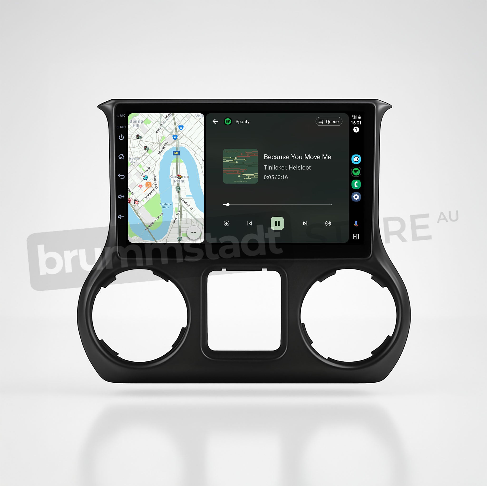 Brummstadt, Jeep Wrangler 2015-2019, premium head unit with Apple CarPlay, Jeep Wrangler 2015-2019, featuring a large touchscreen displaying Apple Maps on the left and Spotify on the right, visible app icons include Maps and Spotify, showing song "Because You Move Me" by Tinlicker & Helsloot, sleek black bezel, dual circular air vent cutouts, user-friendly interface, ideal for seamless navigation and entertainment integration.