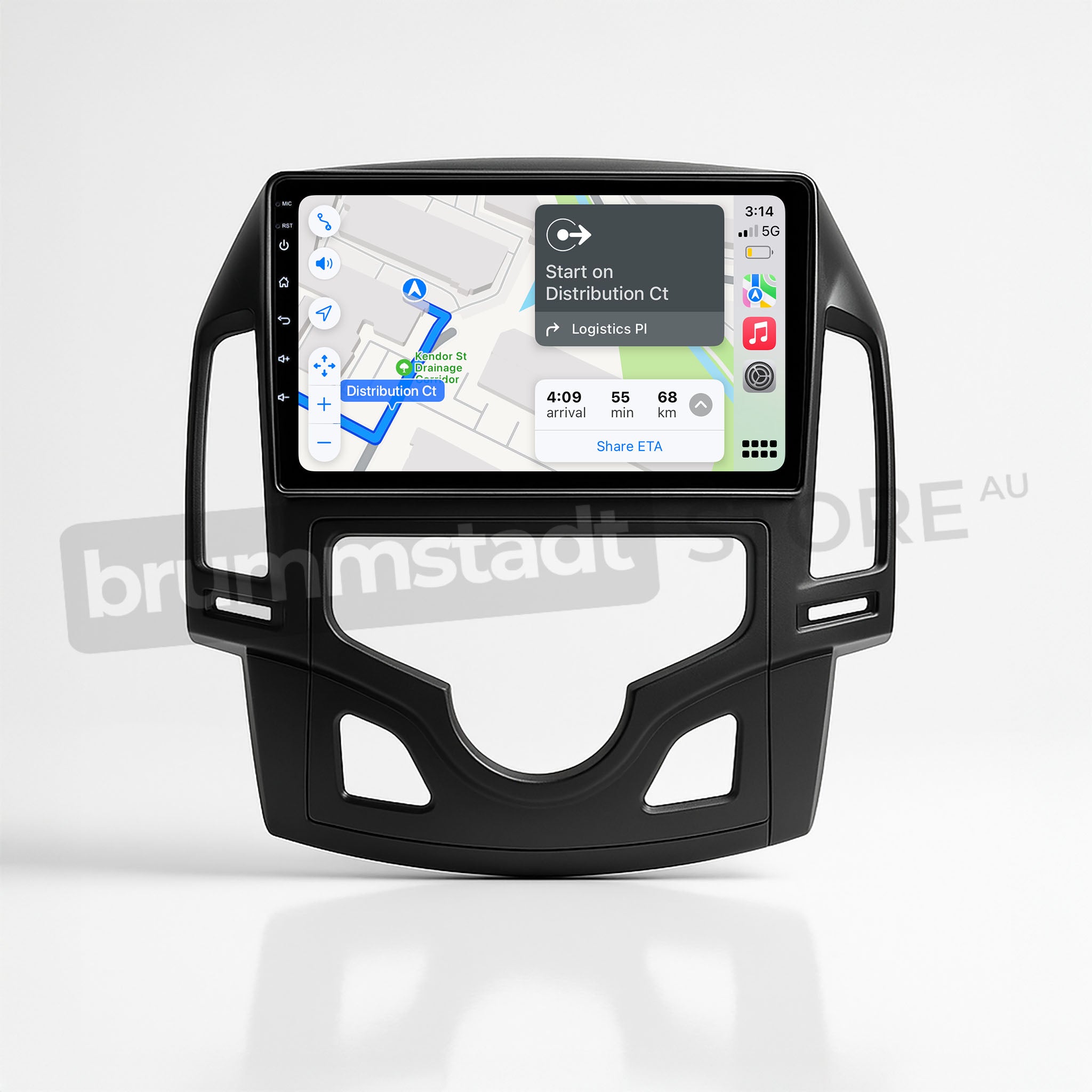 Brummstadt, Hyundai i30 2007-2012, featuring Apple CarPlay interface, Hyundai i30 2007-2012, displaying Maps app with navigation instructions, signal strength indicator, 4G LTE network, time 3:14, battery level, and various app icons including phone, music, and settings, sleek black frame design, user-friendly layout, ideal for seamless connectivity and enhanced driving experience.