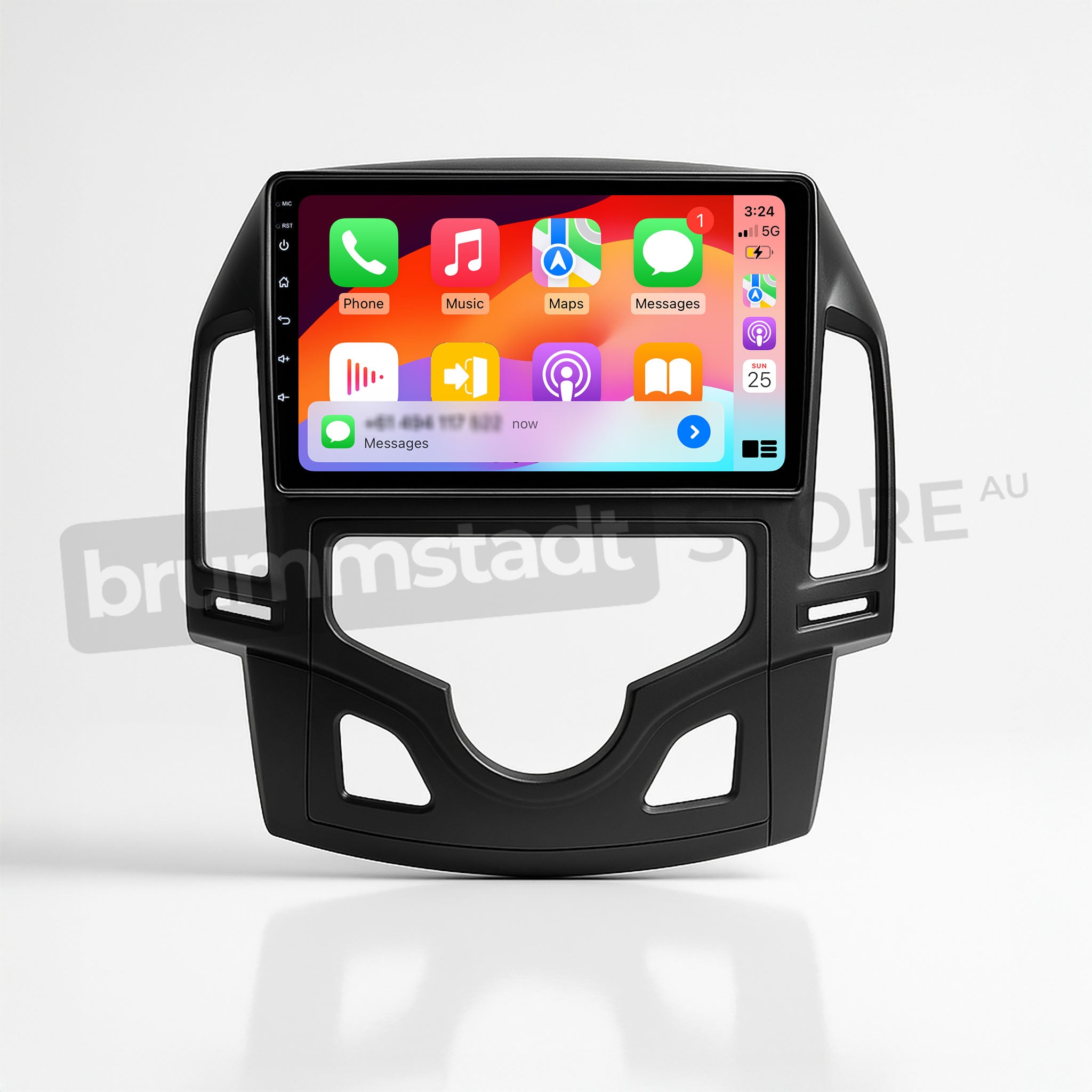 Brummstadt, Hyundai i30 2007-2012, premium head unit upgrade kit showcasing Apple CarPlay interface, Hyundai i30 2007-2012, featuring apps like Phone, Music, Maps, Messages, and Podcasts. Display shows time 3:24, signal strength, and battery level. User-friendly layout with vibrant app icons, enhancing infotainment experience with both wired and wireless connectivity options, Brummstadt exclusive.