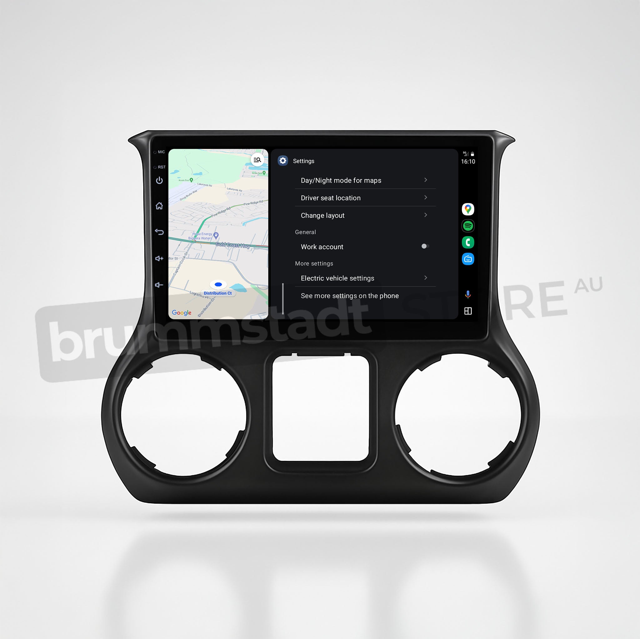 Brummstadt, Jeep Wrangler 2015-2019, Android Auto interface, Jeep Wrangler, displaying map navigation, settings menu with options like day/night mode, driver seat location, change layout, general, work account, and more settings on the phone, visible icons for navigation, settings, and connectivity, user-friendly interface, sleek design, ideal for tech-savvy drivers seeking seamless integration with Android devices.
