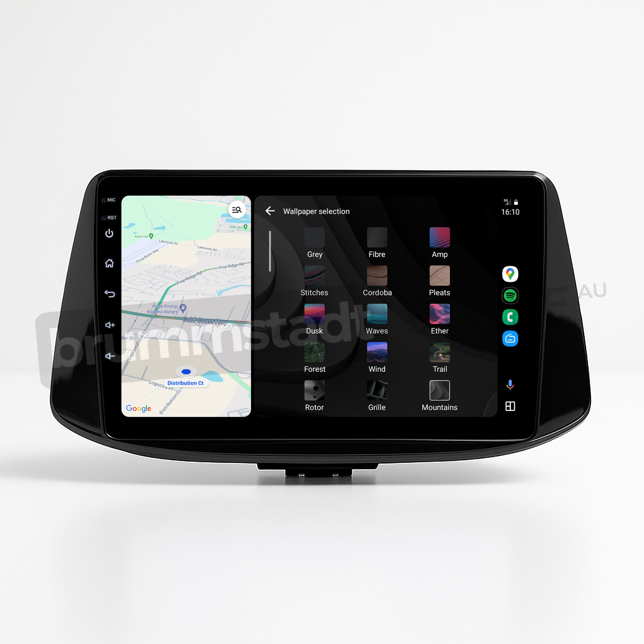 Brummstadt, Hyundai i30 2017-2022, showcasing Apple CarPlay interface, Hyundai i30 2017-2022, with Google Maps app on left, wallpaper selection on right, time displayed as 16:10, sleek modern layout, intuitive navigation, user-friendly design, enhancing driving experience, premium infotainment, seamless smartphone integration, maximizing functionality, aesthetic appeal, high-resolution display, Brummstadt quality.