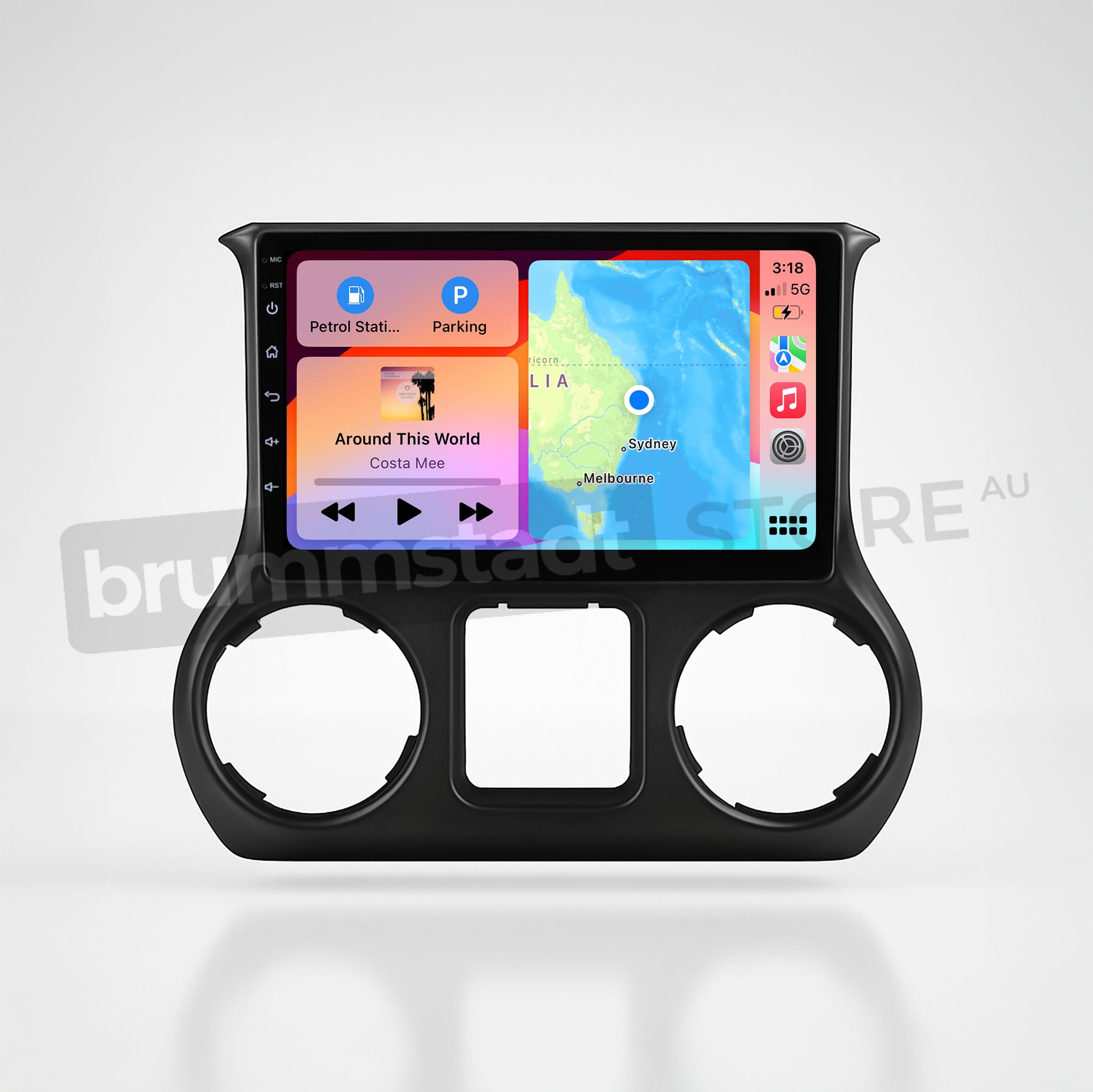 Brummstadt, Jeep Wrangler 2015-2019, premium head unit displaying Apple CarPlay interface, Jeep Wrangler 2015-2019, featuring Maps app with location in Sydney, Australia, Music app playing "Around This World" by Costa Mee, visible time 3:18, battery level at 50%, and Wi-Fi signal indicator. Sleek layout with dual circular cutouts for air vents, offering seamless integration and user-friendly navigation.