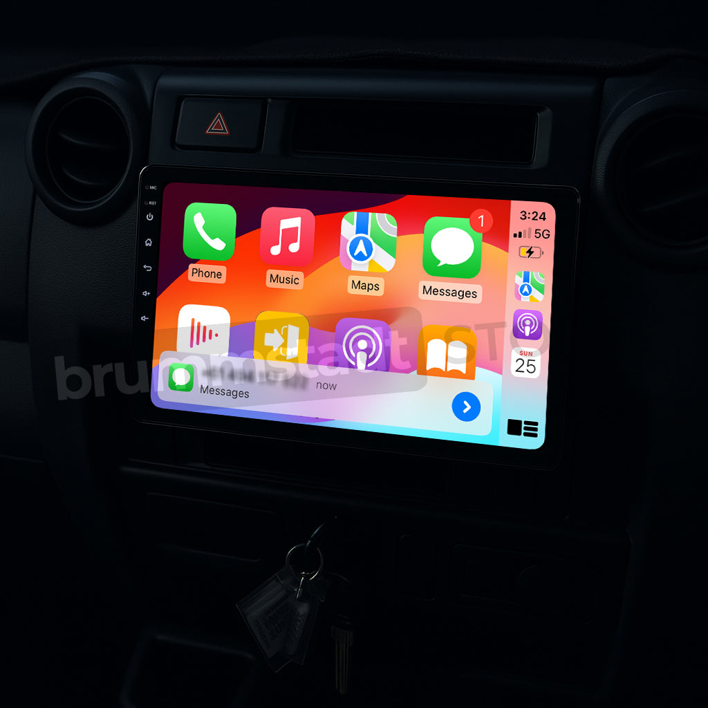 Brummstadt, Toyota Land Cruiser 70 Series 1984-2025, featuring Apple CarPlay interface, Toyota Land Cruiser 70 Series, displaying colorful app icons including Phone, Music, Maps, Messages, and Podcasts. Time displayed as 3:24, 5G network signal, battery status, and calendar date visible. User-friendly layout with intuitive navigation, enhancing in-car connectivity and entertainment.