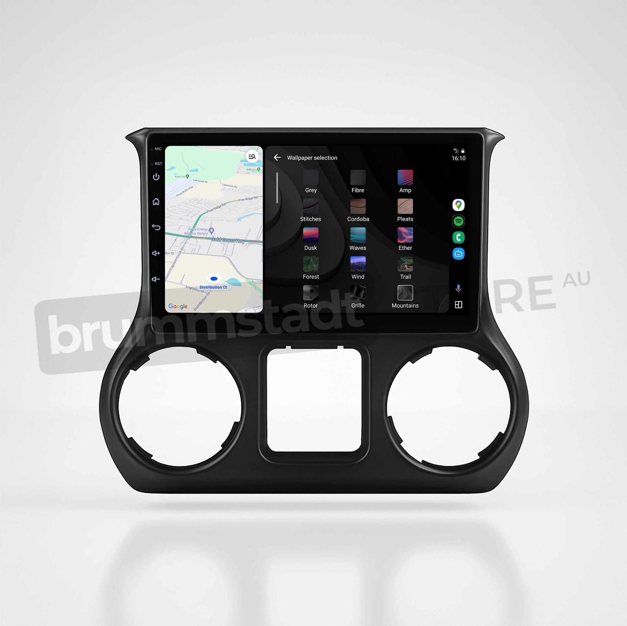 Brummstadt, Jeep Wrangler 2015-2019, premium head unit upgrade kit showcasing Apple CarPlay interface, Jeep Wrangler 2015-2019, featuring a large touchscreen with visible apps like Maps, Spotify, and Phone, sleek black bezel design, intuitive layout with easy access to essential functions, enhancing user experience with seamless navigation and media control, optimized for both wired and wireless connectivity options.