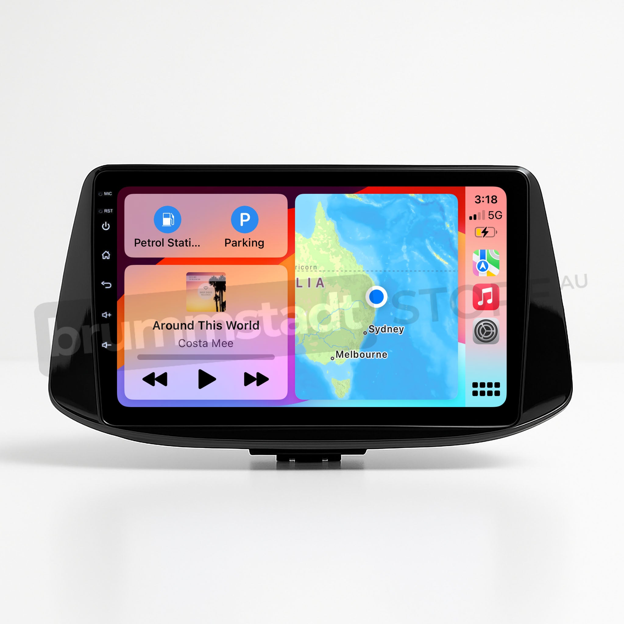 Brummstadt, Hyundai i30 2017-2022, Apple CarPlay interface displayed, Hyundai i30 2017-2022, featuring a split-screen view with Maps app showing location in Australia, Music app playing "Around This World" by Costa Mee, time 3:18, 5G network, full battery, and app icons for Phone, Music, Maps, Messages, and Settings. The layout is user-friendly, offering seamless navigation and entertainment options for drivers.