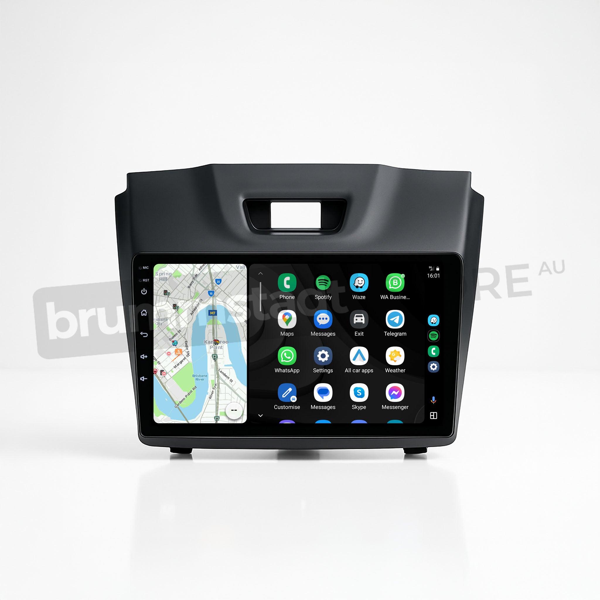 Brummstadt, Isuzu MU-X 2013-2021, Android Auto interface with Google Maps, WhatsApp, Spotify, and Messenger apps, sleek layout, navigation display, app icons, network and battery status, user-friendly interface, Isuzu MU-X 2013-2021, Brummstadt.