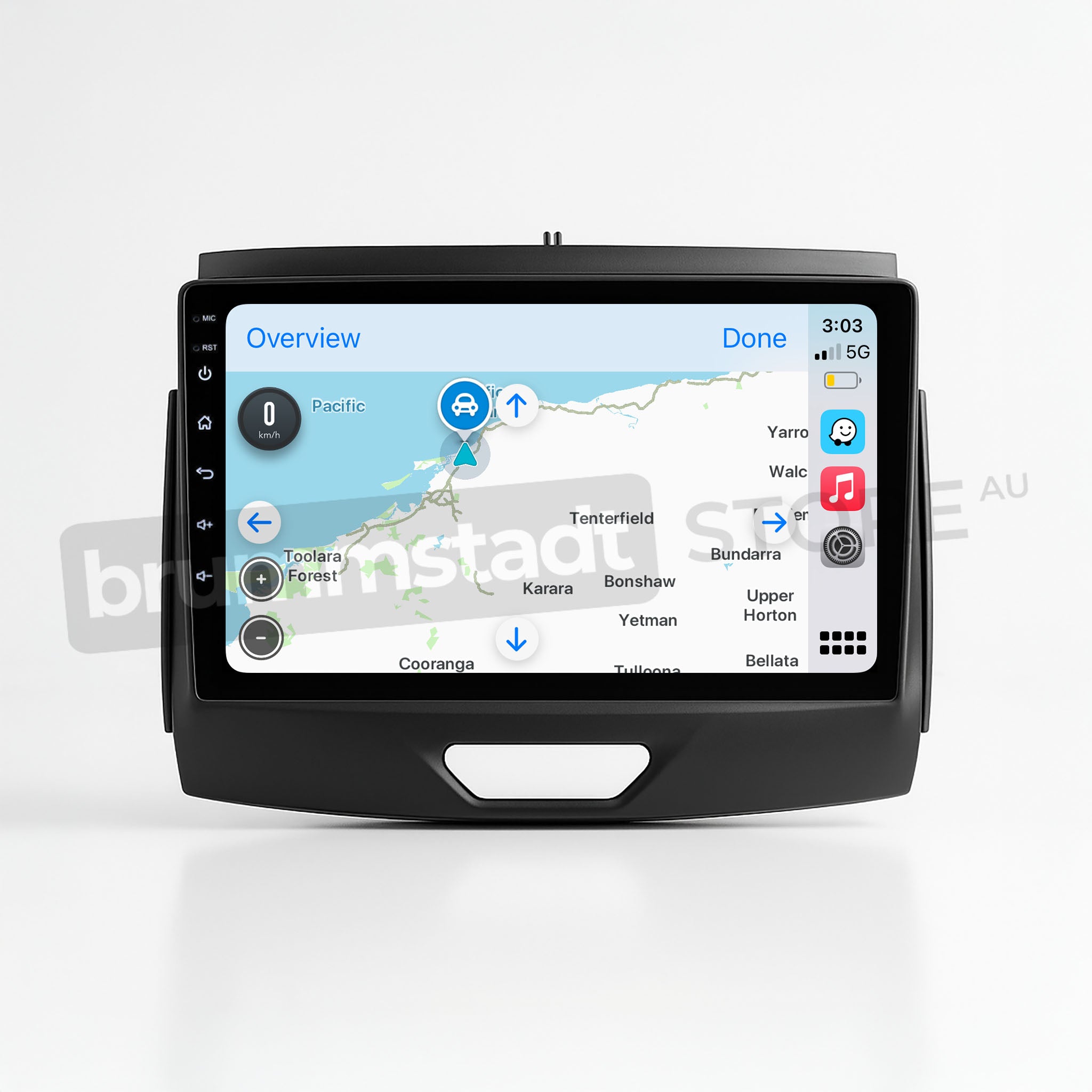Brummstadt, Ford Ranger 2015-2022, showcasing Apple CarPlay interface, Ford Ranger 2015-2022, featuring Maps app with route guidance, time displayed as 3:03, 5G network signal, battery status, and multiple app icons including phone, music, and messages. The sleek design enhances user experience with intuitive navigation and connectivity options, making it a valuable upgrade for tech-savvy drivers.