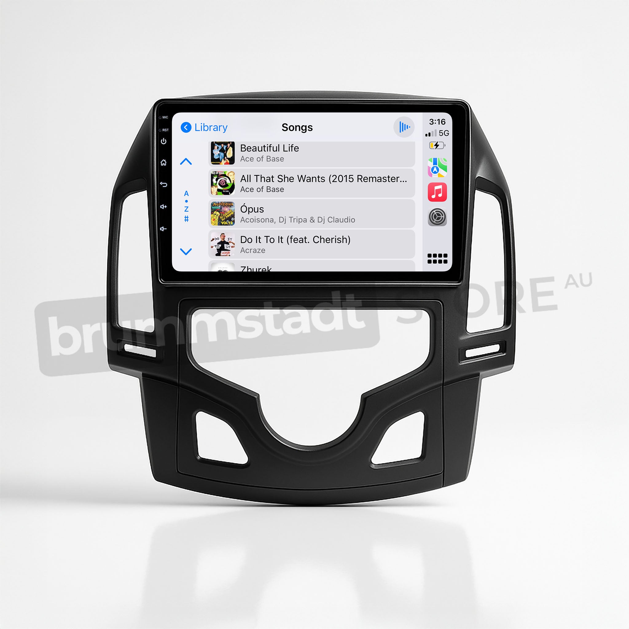 Brummstadt, Hyundai i30 2007-2012, premium head unit upgrade kit, featuring Apple CarPlay interface, Hyundai i30 2007-2012, visible music library with songs like "Beautiful Life" by Ace of Base, time displayed as 3:16, sleek black frame design, user-friendly interface, enhancing infotainment experience with seamless Apple CarPlay integration, ideal for modernizing vehicle's dashboard.
