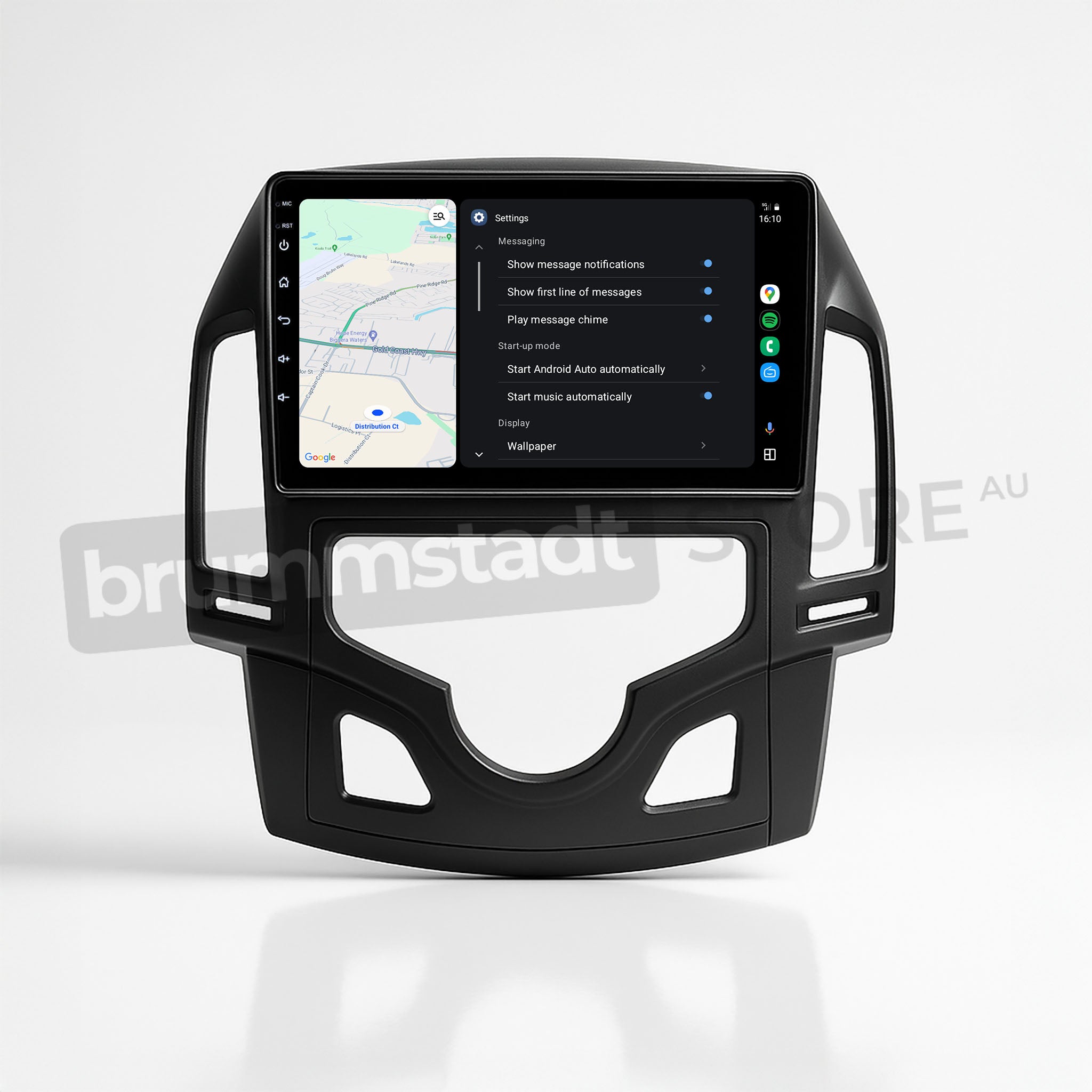 Brummstadt, Hyundai i30 2007-2012, Hyundai i30 2007-2012, Android Auto interface, displaying Google Maps with route guidance, settings menu visible with options like message notifications, play message chime, and auto-start Android Auto, icons for settings, messages, and navigation, sleek black frame, modern infotainment upgrade, user-friendly interface, enhancing driving experience.