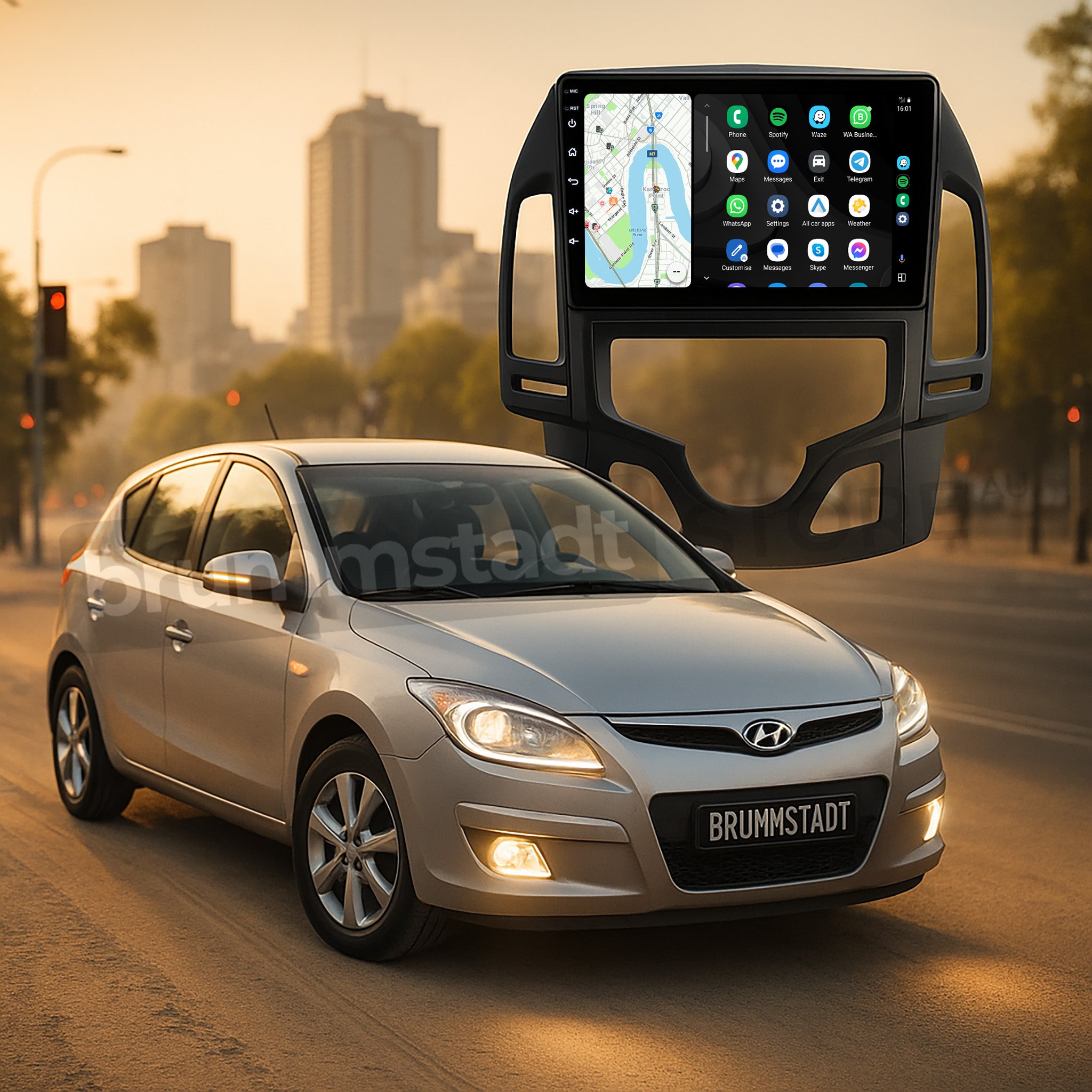 Brummstadt, Hyundai i30 2007-2012, featuring Apple CarPlay interface, showcasing a vibrant display with apps like Maps, Phone, Music, and Messages. The screen layout includes a navigation map, app icons, and a status bar with time and signal strength. The Hyundai i30's infotainment system offers seamless integration with Apple devices, enhancing driving experience with intuitive controls and connectivity.