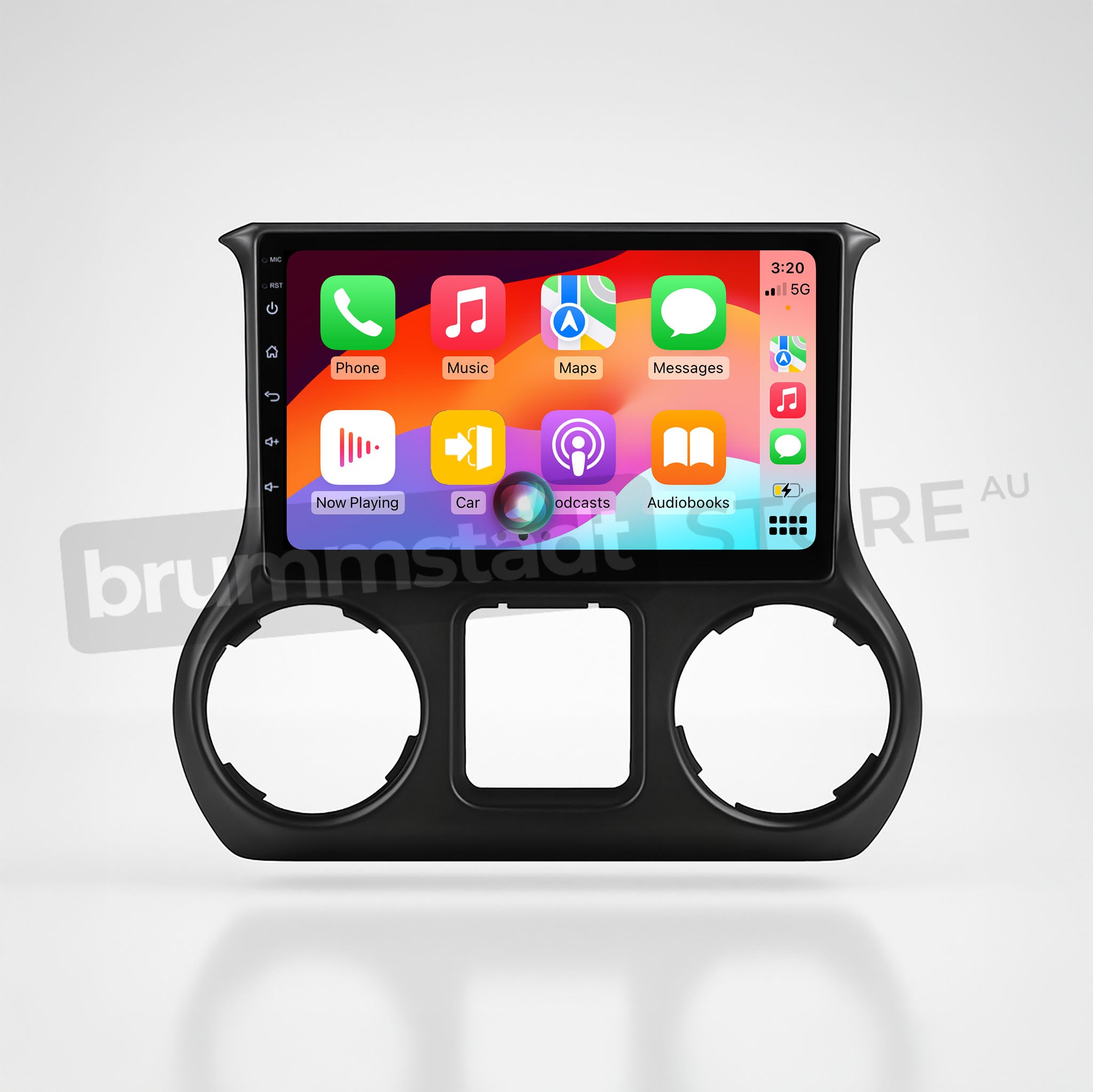 Brummstadt, Jeep Wrangler 2015-2019, featuring Apple CarPlay interface, Jeep Wrangler 2015-2019, showcasing vibrant app icons including Phone, Music, Messages, Maps, Now Playing, Podcasts, and Audiobooks. The display shows a time of 3:20, with a clear layout for easy navigation. The head unit is designed for seamless integration, enhancing user experience with both wired and wireless Apple CarPlay compatibility, perfect for modern infotainment needs.