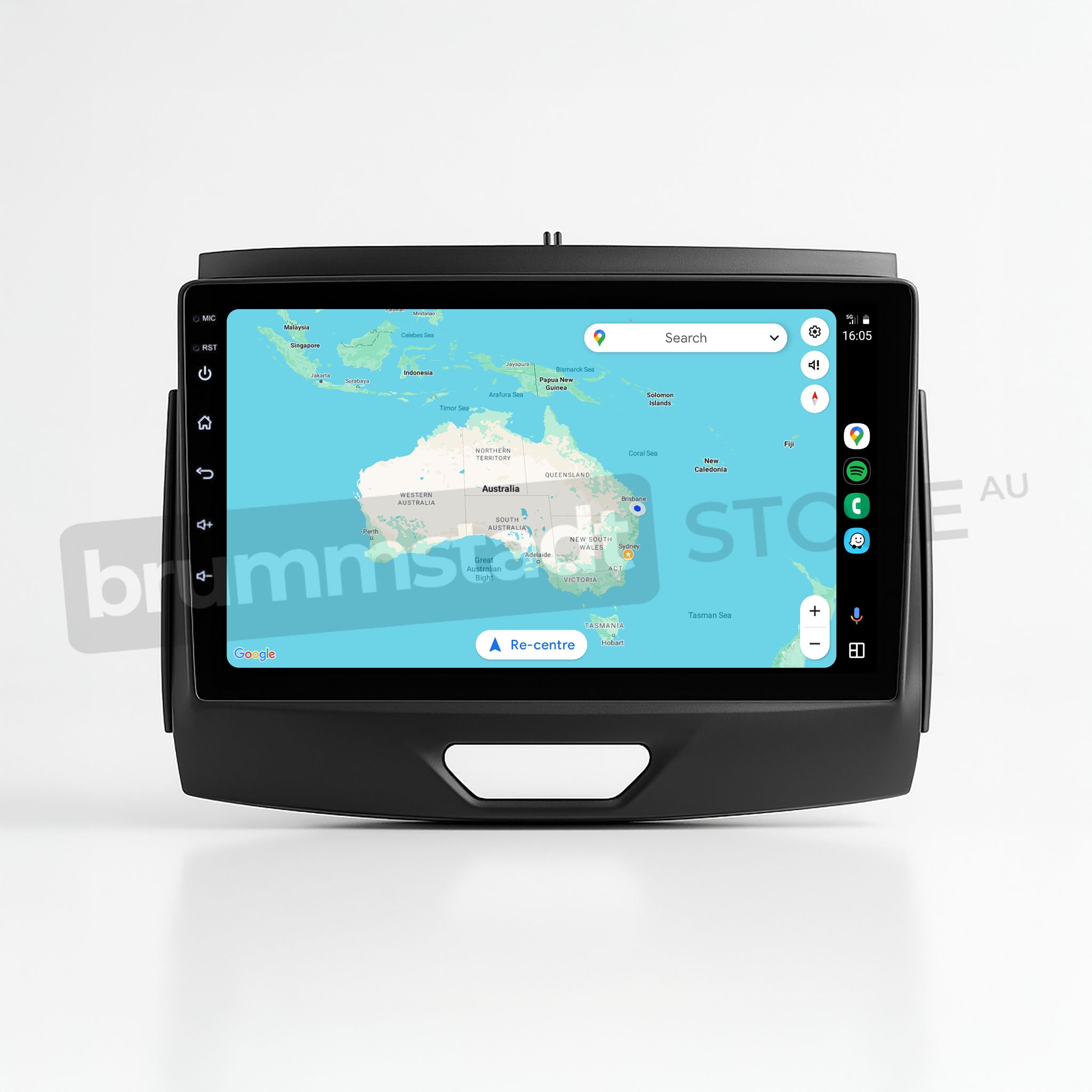 Brummstadt, Ford Ranger 2015-2022, premium head unit displaying Android Auto interface, Ford Ranger 2015-2022, featuring Google Maps app with Australia map view, search bar, and navigation options, time displayed as 16:06, left-side app icons including phone, messages, and music, sleek black frame, user-friendly design, enhancing driving experience with seamless smartphone integration and real-time navigation.