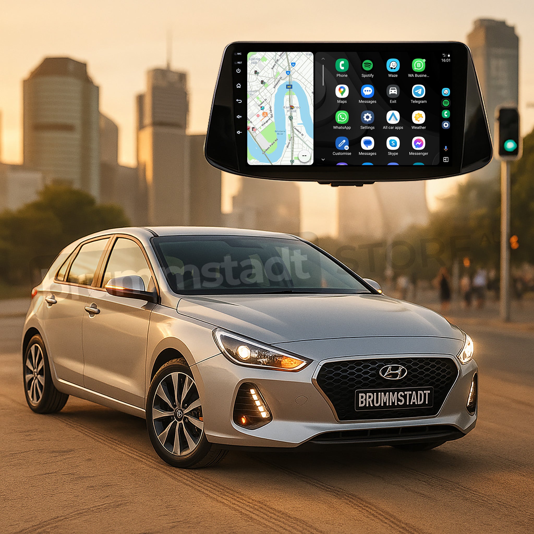 Brummstadt, Hyundai i30 2017-2022, Hyundai i30 head unit featuring Android Auto interface, visible apps include Maps, Phone, Messages, Spotify, and Calendar, clear icon layout, time display, network signal, battery status, intuitive navigation, user-friendly touchscreen, premium infotainment experience, Brummstadt upgrade kit, enhances driving convenience, seamless smartphone integration, Hyundai i30 advanced connectivity.
