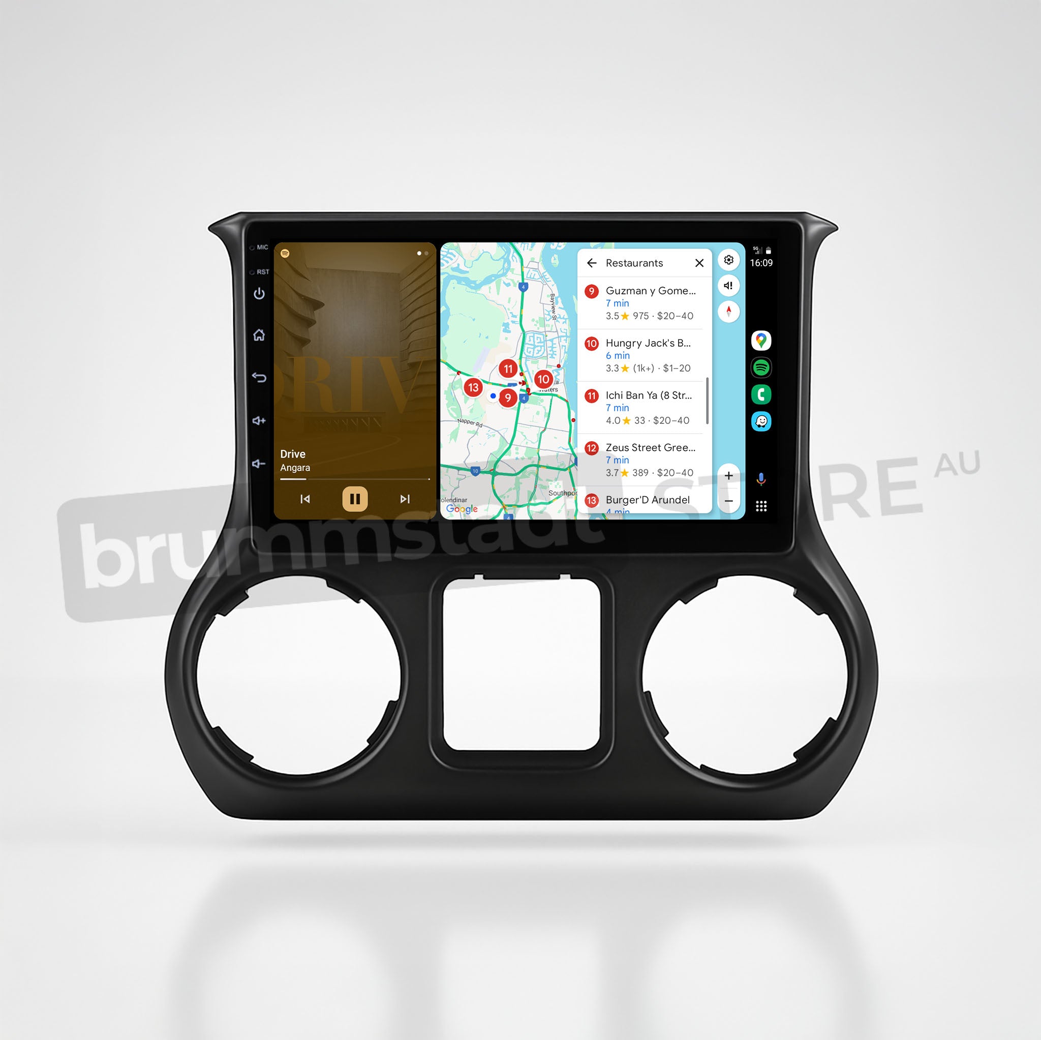 Brummstadt, Jeep Wrangler 2015-2019, premium head unit featuring Apple CarPlay, Jeep Wrangler 2015-2019, displaying Apple Maps with route guidance, music app showing current track, clear interface with navigation and media controls, sleek design, user-friendly layout, visible restaurant suggestions, enhancing driving experience with seamless smartphone integration, high-resolution display, intuitive touch controls.