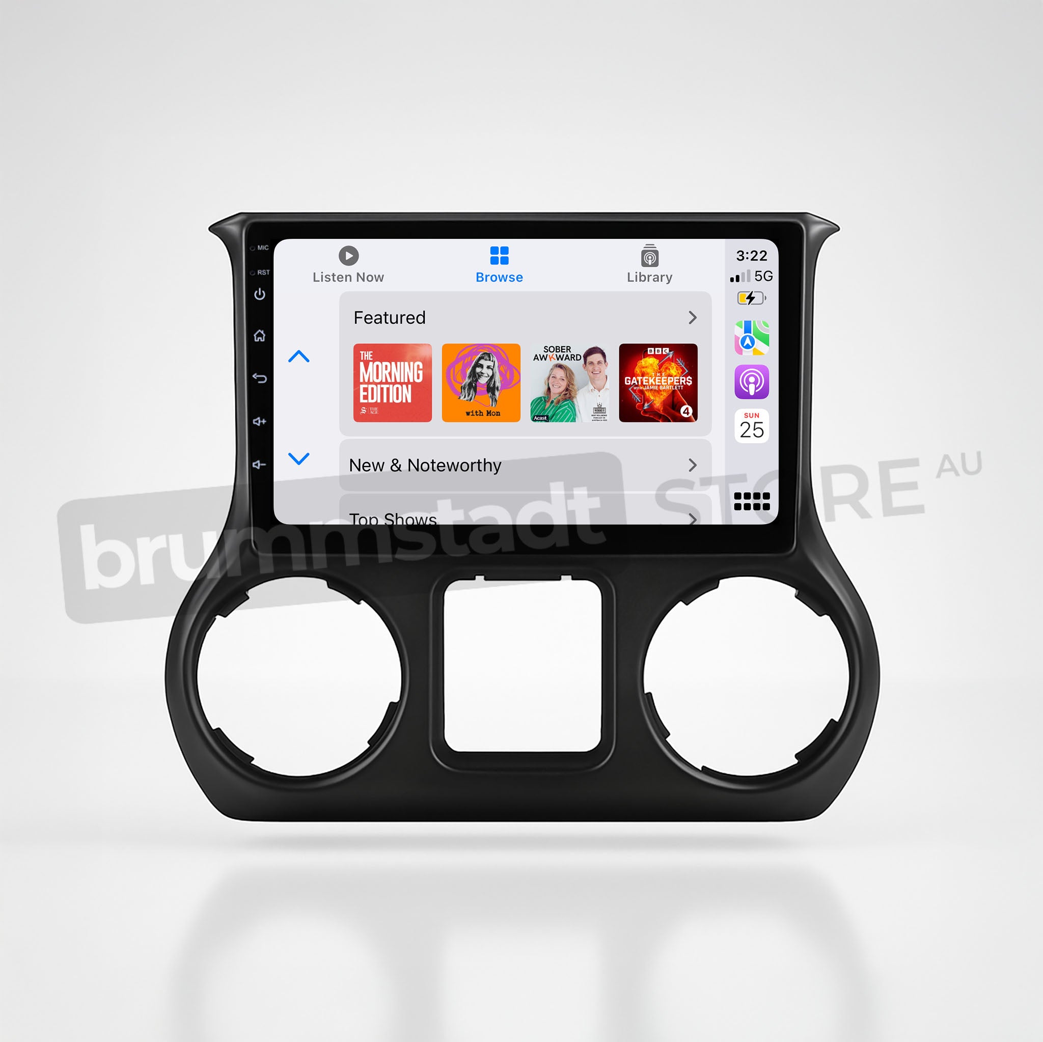 Brummstadt, Jeep Wrangler 2015-2019, features Apple CarPlay interface, showcasing a large touchscreen with apps like Music, Podcasts, and Audiobooks. The display shows time (3:22), battery status, and network signal. The layout includes a top navigation bar with options for Listen Now, Browse, and Library. Notable features include easy access to media content and user-friendly interface for seamless connectivity.