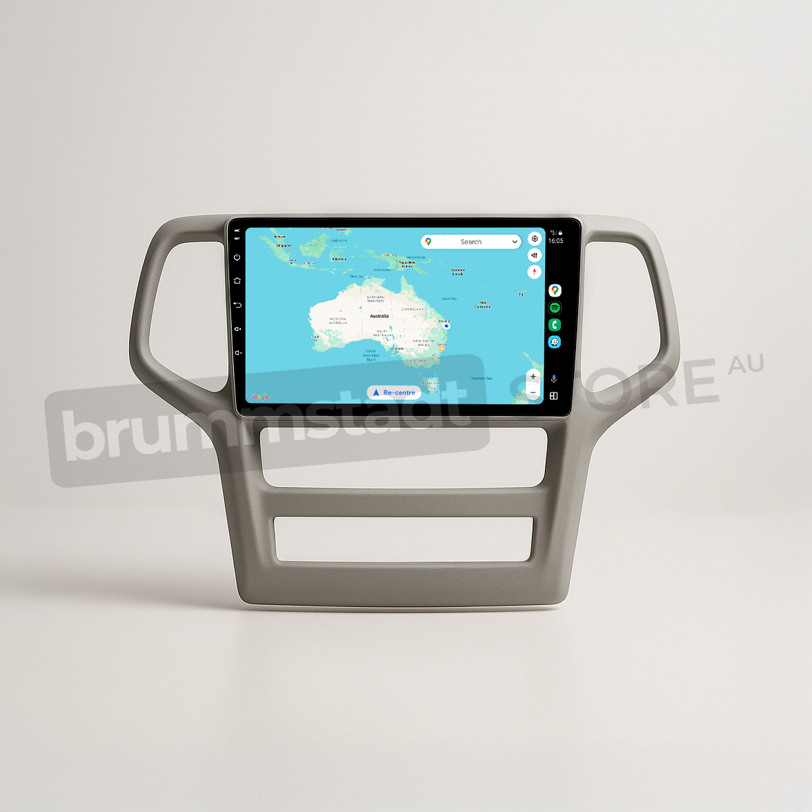 Brummstadt head unit for Jeep Grand Cherokee 2008-2013, grey frame with touchscreen, Apple CarPlay interface displaying Google Maps, designed for navigation in Jeep Grand Cherokee interiors.