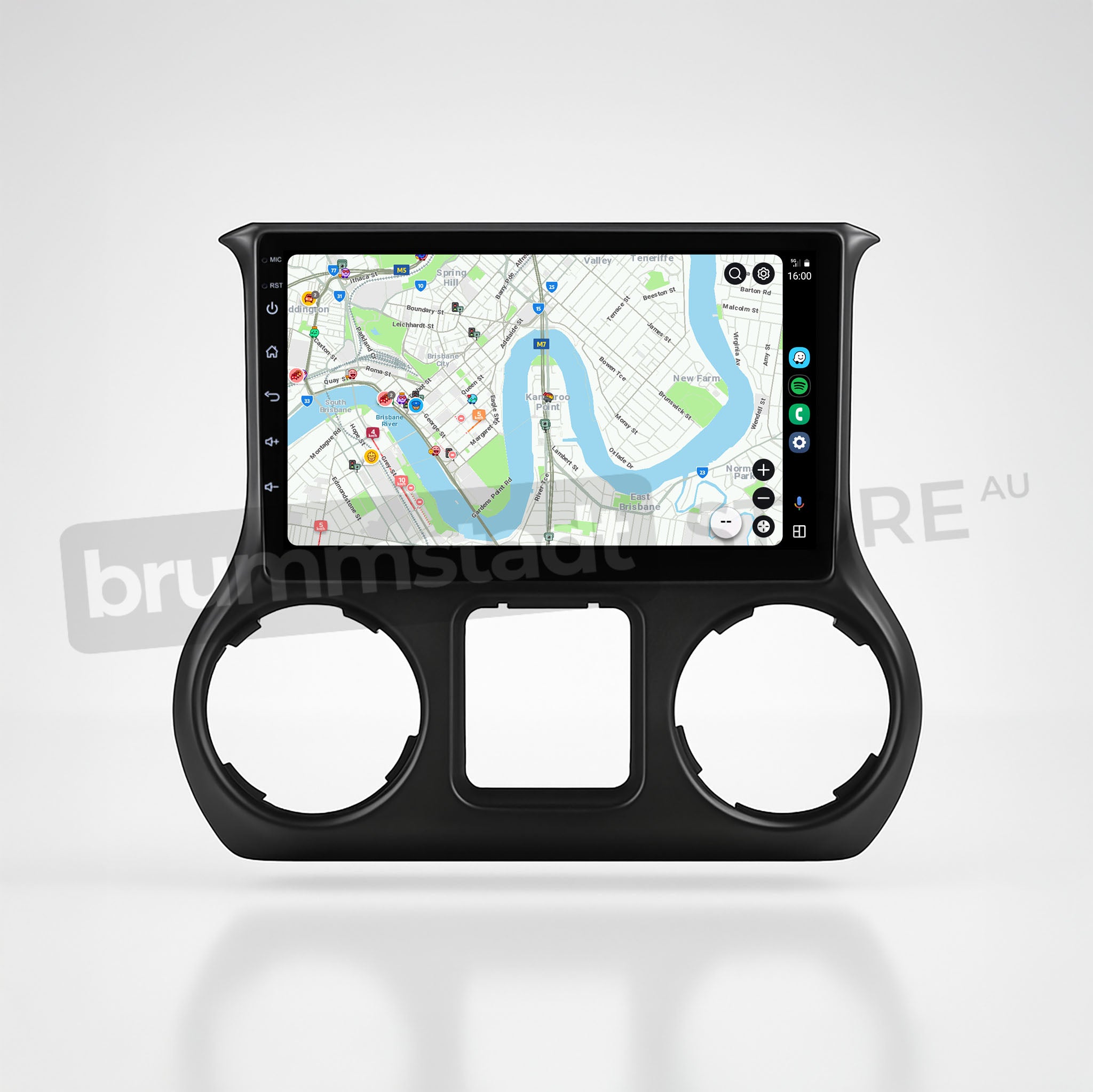 Brummstadt, Jeep Wrangler 2015-2019, Android Auto interface, showcasing detailed map with route, time 11:03, battery status, network signal, app icons on left sidebar including Maps, Spotify, phone, and settings, user-friendly layout, enhancing navigation experience, Jeep Wrangler 2015-2019, Brummstadt.