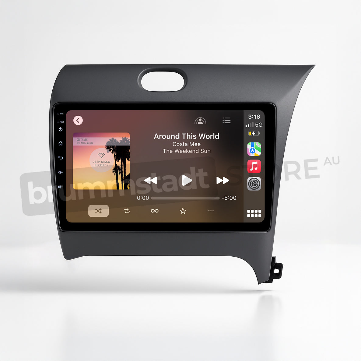 Brummstadt, Kia Cerato 2013-2018, showcasing Apple CarPlay interface, Kia Cerato 2013-2018, featuring music app with album art, song title "Around This World" by Costa Mee, time displayed as 3:16, battery and signal icons visible, intuitive touchscreen layout, sleek design, user-friendly interface, enhancing driving experience with seamless smartphone integration, Brummstadt.