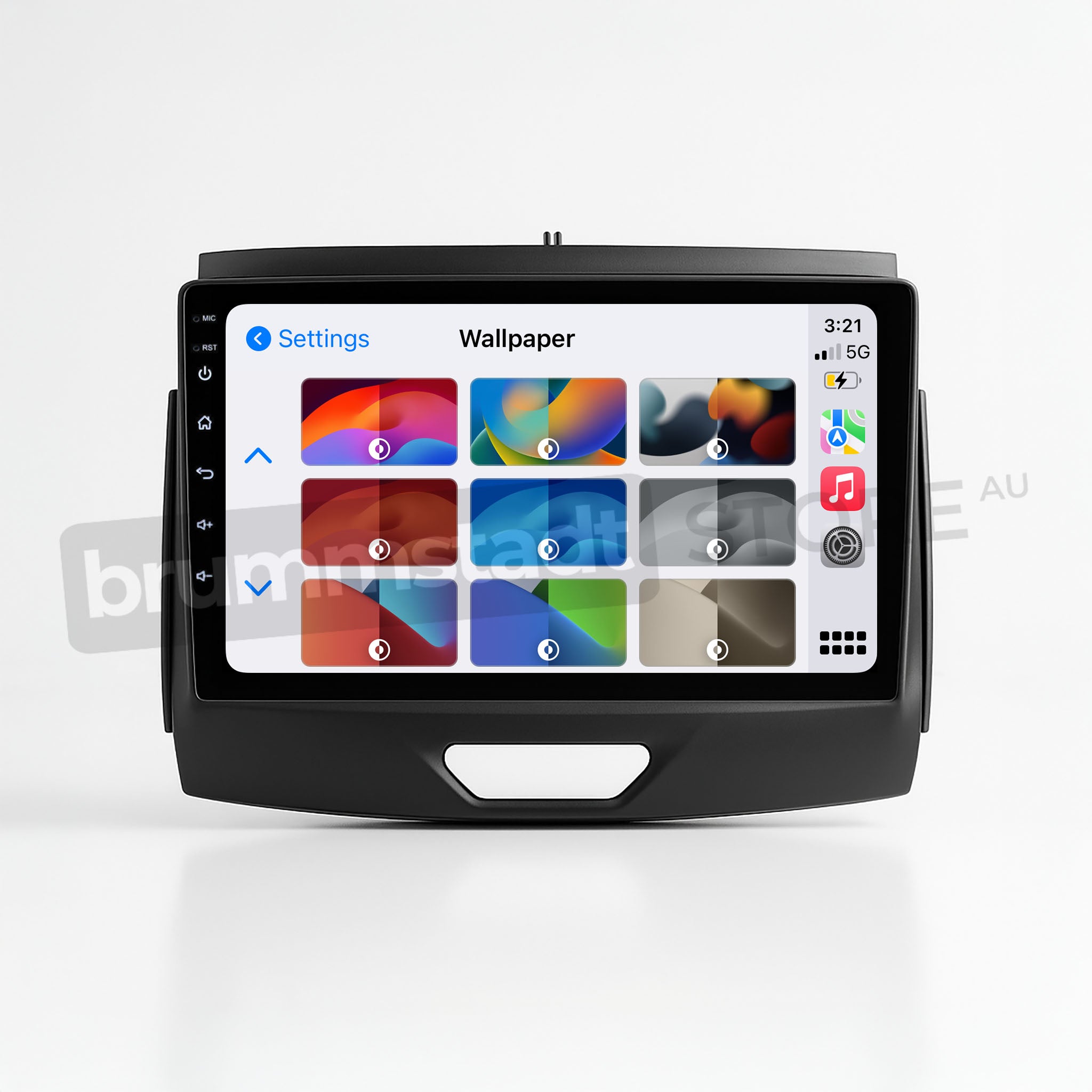 Brummstadt, Ford Ranger 2015-2022, showcasing Apple CarPlay interface, Ford Ranger 2015-2022, featuring a vibrant display with app icons for Settings, Wallpaper, and a grid of colorful wallpapers. The top bar shows time (3:21), 5G network status, and full battery icon. The layout includes a home button and a sleek design, enhancing user experience with seamless navigation and customization options.