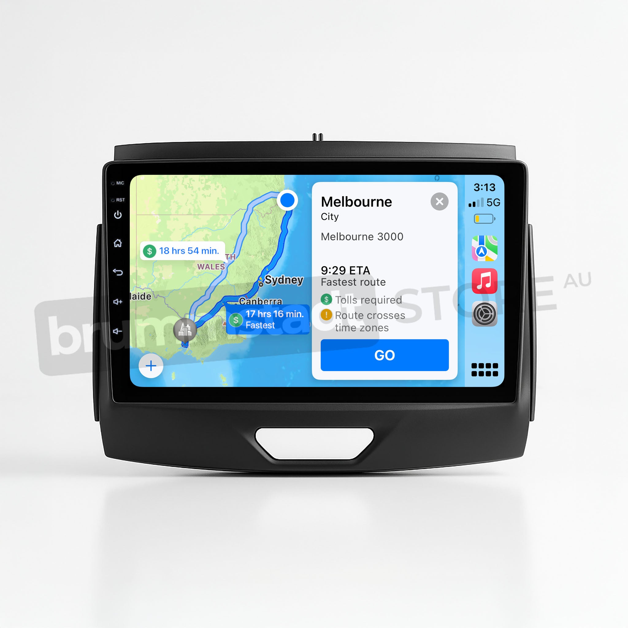 Brummstadt, Ford Ranger 2015-2022, premium head unit displaying Apple CarPlay interface, Ford Ranger 2015-2022, showing navigation to Melbourne, map with route details, estimated time of arrival, and distance, icons for phone, music, and settings visible, clear layout with touchscreen functionality, network signal and battery status displayed, user-friendly design for seamless connectivity and control.