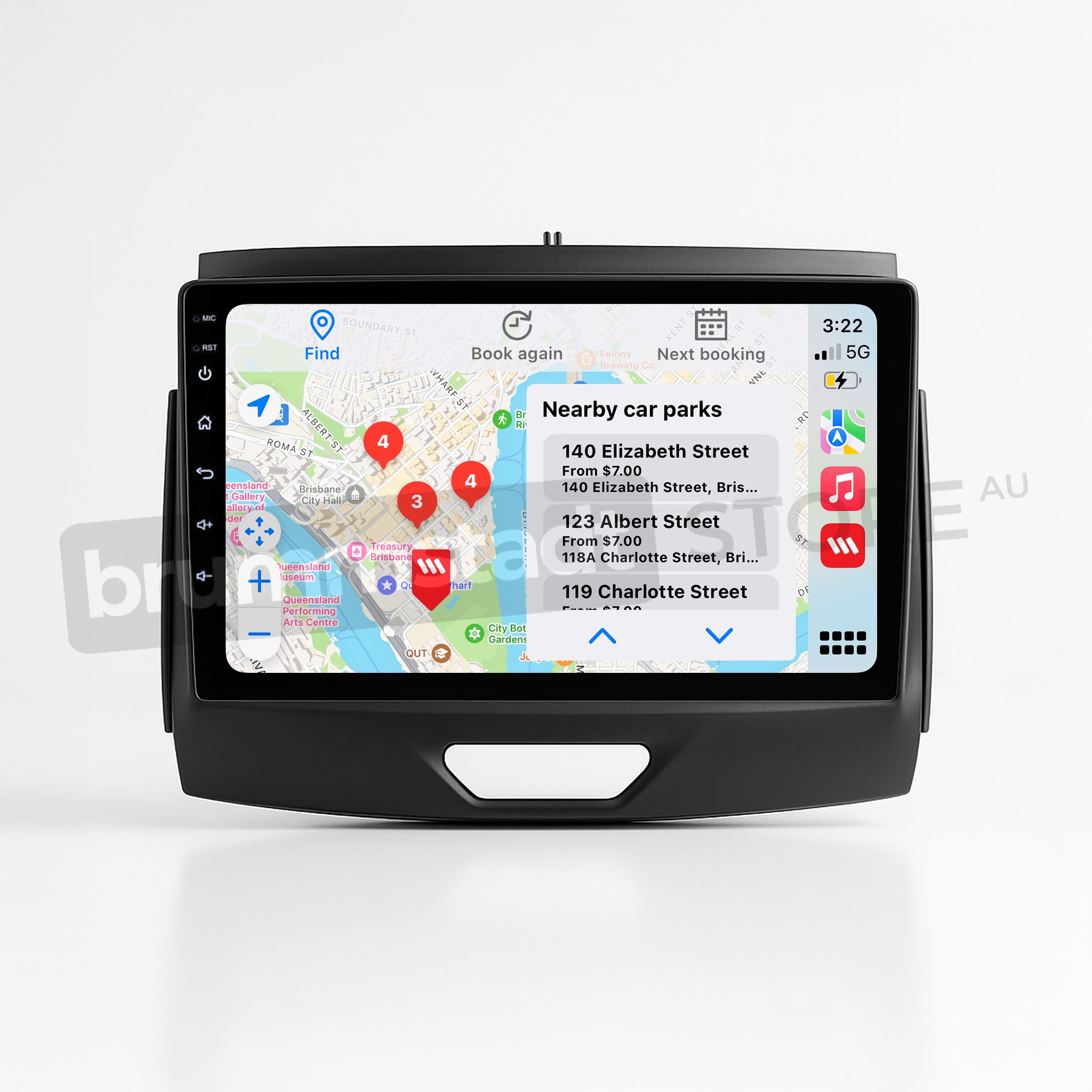 Brummstadt, Ford Ranger 2015-2022, showcasing Apple CarPlay interface, featuring Maps app with nearby car parks, navigation options, and location pins. Display shows time as 3:22, battery status, and network signal. Left sidebar includes icons for phone, music, and settings. The screen is integrated into a sleek black dashboard unit, highlighting user-friendly design and seamless connectivity for Ford Ranger enthusiasts.