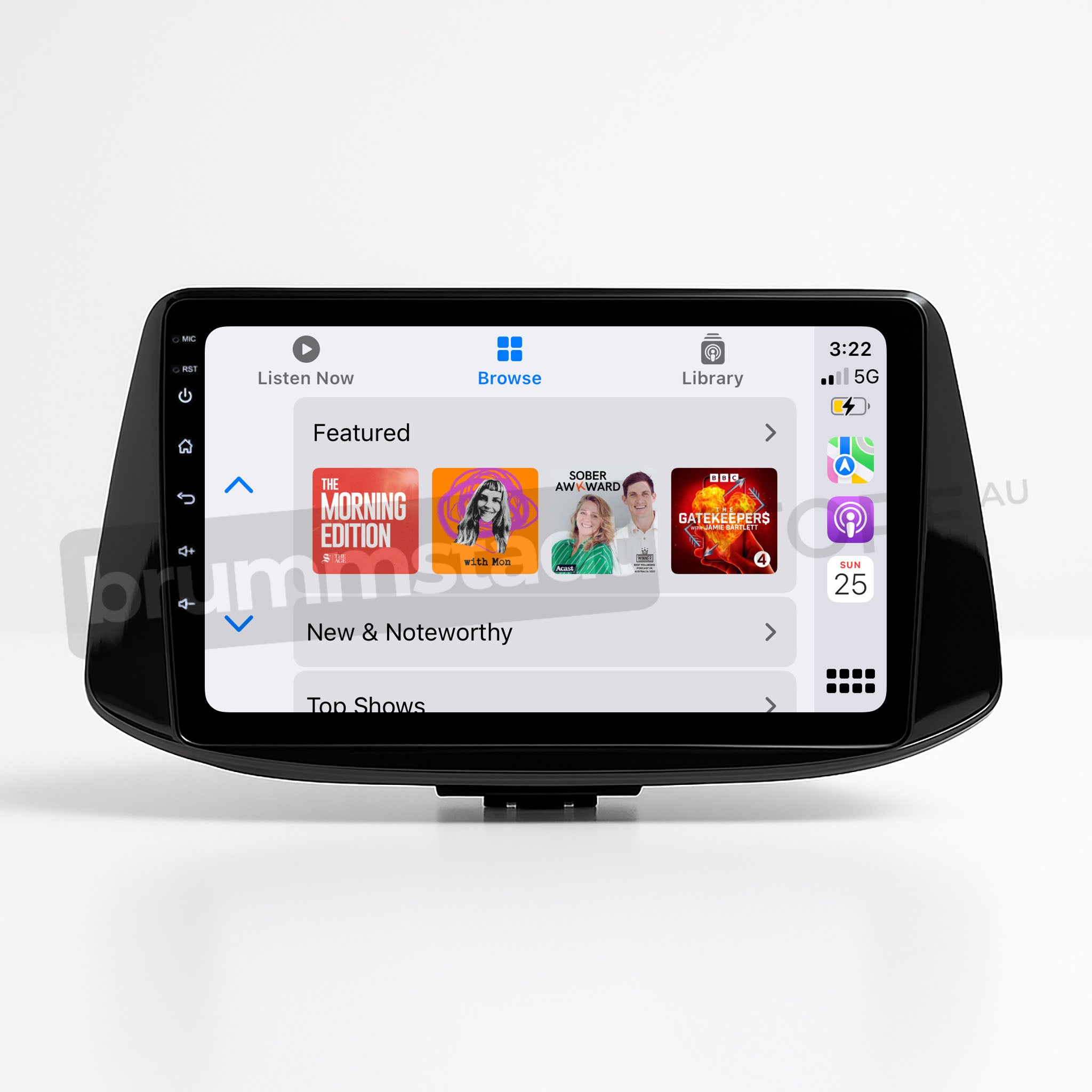 Brummstadt, Hyundai i30 2017-2022, showcasing a premium head unit with Apple CarPlay interface. The Hyundai i30 features a sleek infotainment display with visible apps like Podcasts, Listen Now, Browse, and Library. The screen shows the current time as 3:22, date as Tue 25, and includes icons for battery and network status. The user-friendly layout highlights featured podcasts and new releases, enhancing the driving experience with seamless connectivity.