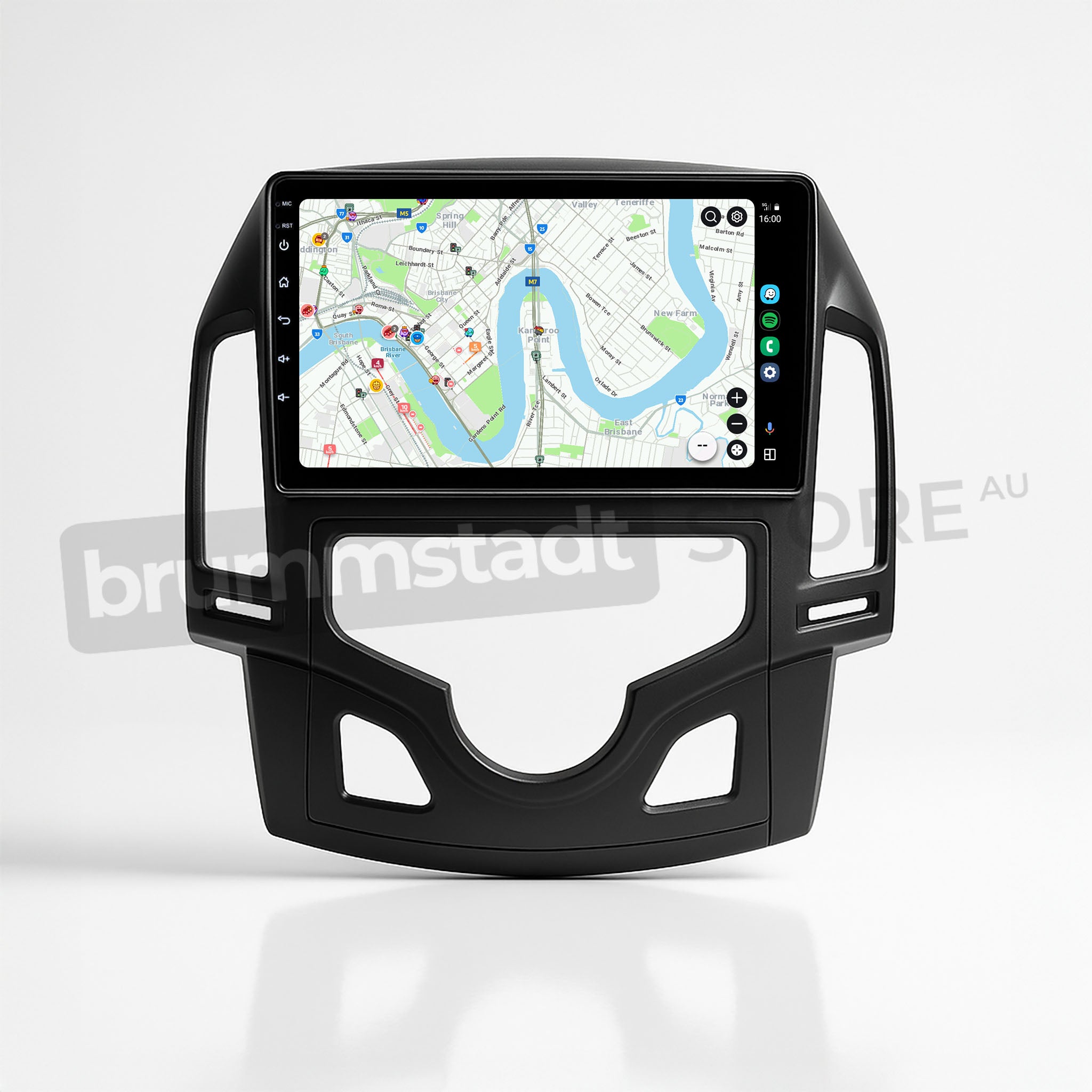 Brummstadt, Hyundai i30 2007-2012, premium head unit upgrade kit featuring Apple CarPlay, showcasing a detailed map interface with navigation routes, street names, and location markers. The display includes a sleek layout with intuitive touch controls, offering seamless integration for a user-friendly experience. Hyundai i30 2007-2012, ideal for tech-savvy drivers seeking enhanced connectivity and infotainment options.