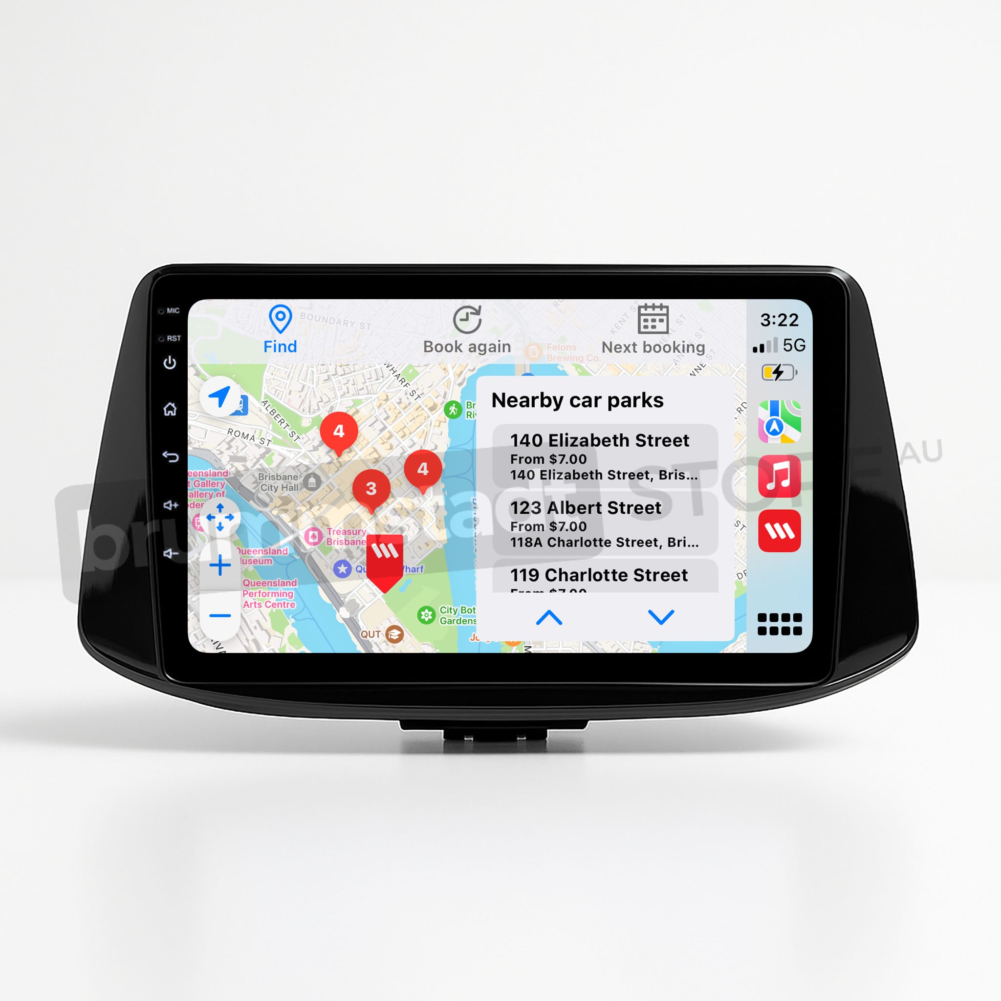 Brummstadt, Hyundai i30 2017-2022, Hyundai i30 head unit displaying Apple CarPlay interface with a map showing nearby car parks, app icons visible include Maps, Phone, Music, and Messages, time displayed as 3:22, network signal and battery status icons present, user-friendly interface with clear navigation and app access, Brummstadt's premium infotainment system upgrade enhances driving experience with seamless Apple CarPlay integration.