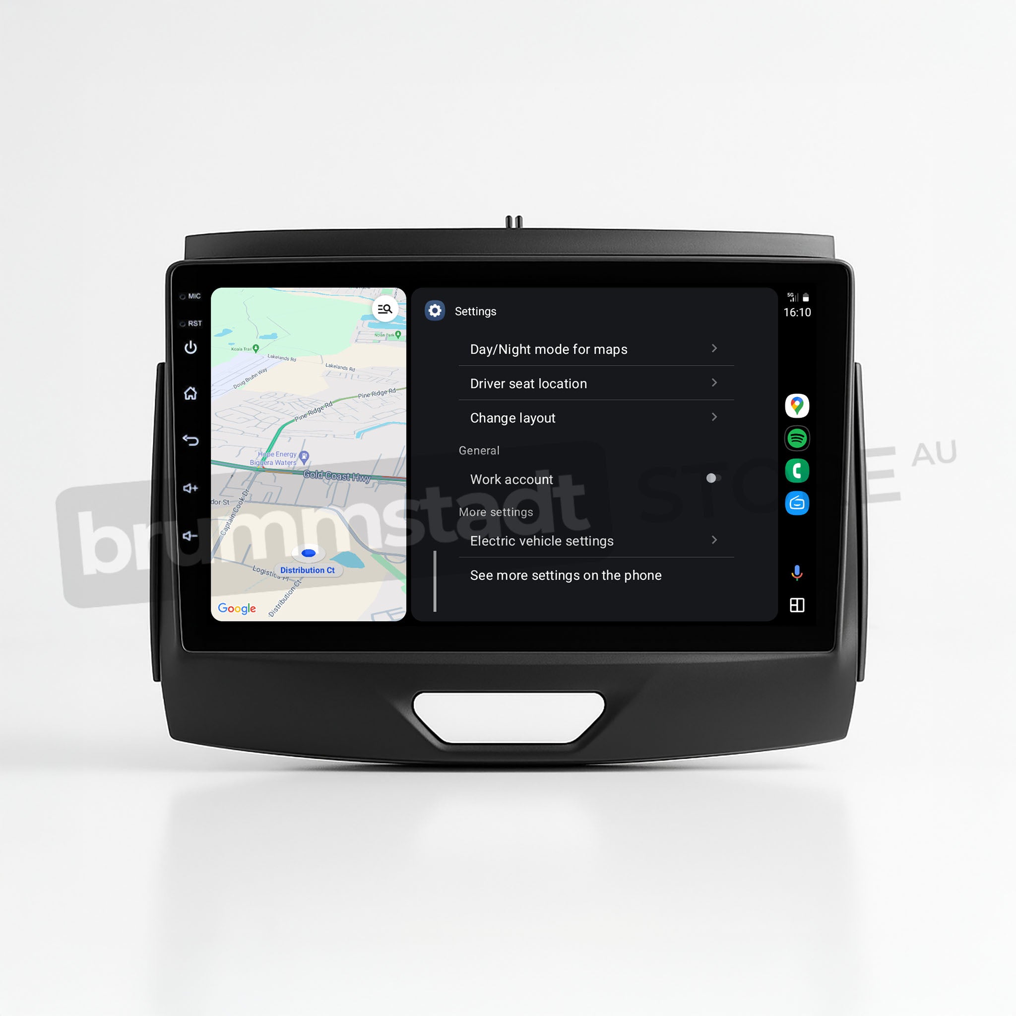Brummstadt, Ford Ranger 2015-2022, premium head unit upgrade kit featuring Apple CarPlay, Ford Ranger 2015-2022, displaying Google Maps on the left with a detailed route and map view, settings menu on the right with options like Day/Night mode, Driver seat location, and Work account, time displayed as 16:10, sleek interface with intuitive navigation, ideal for tech-savvy drivers seeking enhanced connectivity.