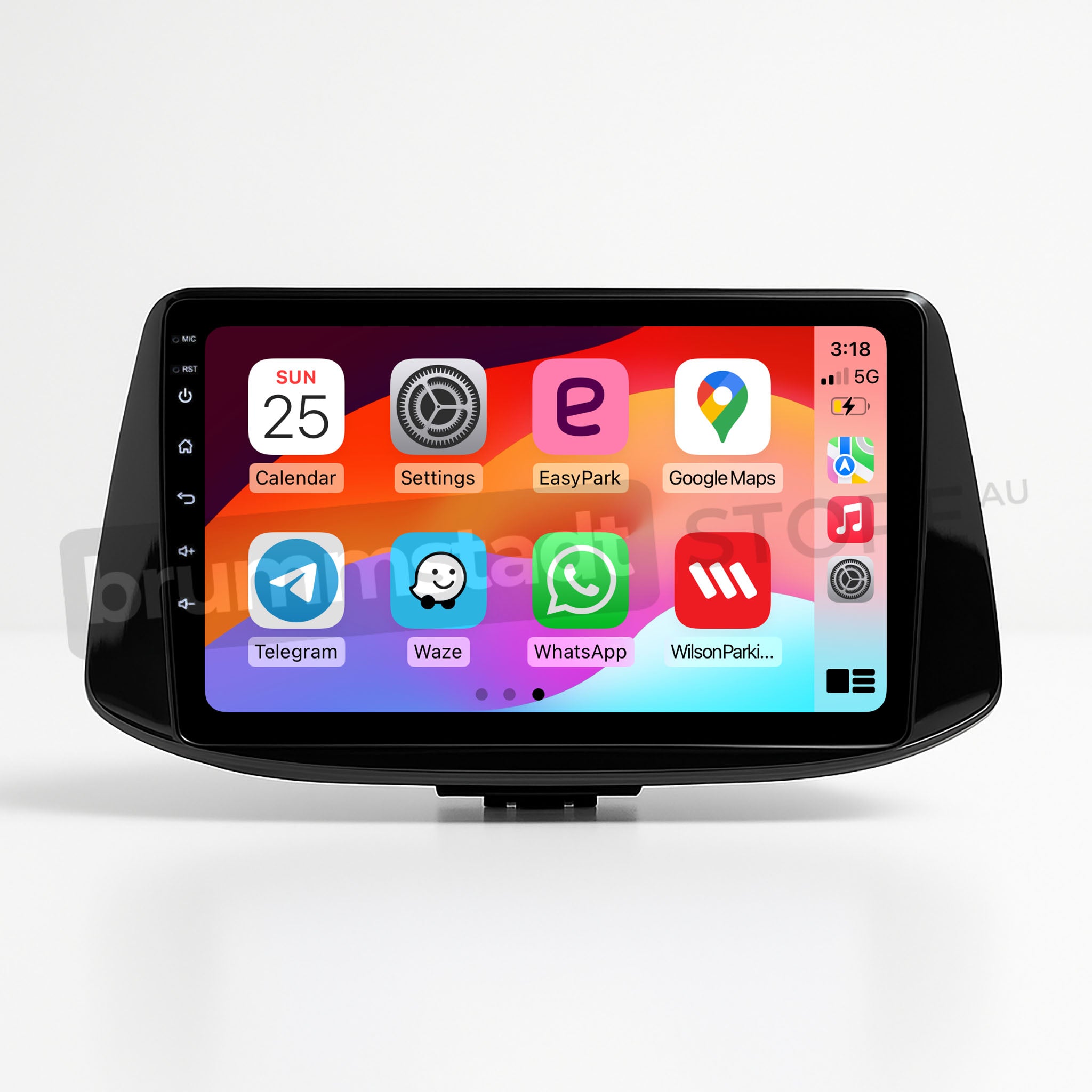 Brummstadt, Hyundai i30 2017-2022, showcasing Apple CarPlay interface, Hyundai i30 2017-2022, featuring colorful app icons including Calendar, Settings, EasyPark, Google Maps, Telegram, Waze, WhatsApp, WilsonParking, time displayed as 3:18, signal strength, battery level, user-friendly layout, seamless integration with iOS, enhancing driving experience with intuitive navigation and communication options.