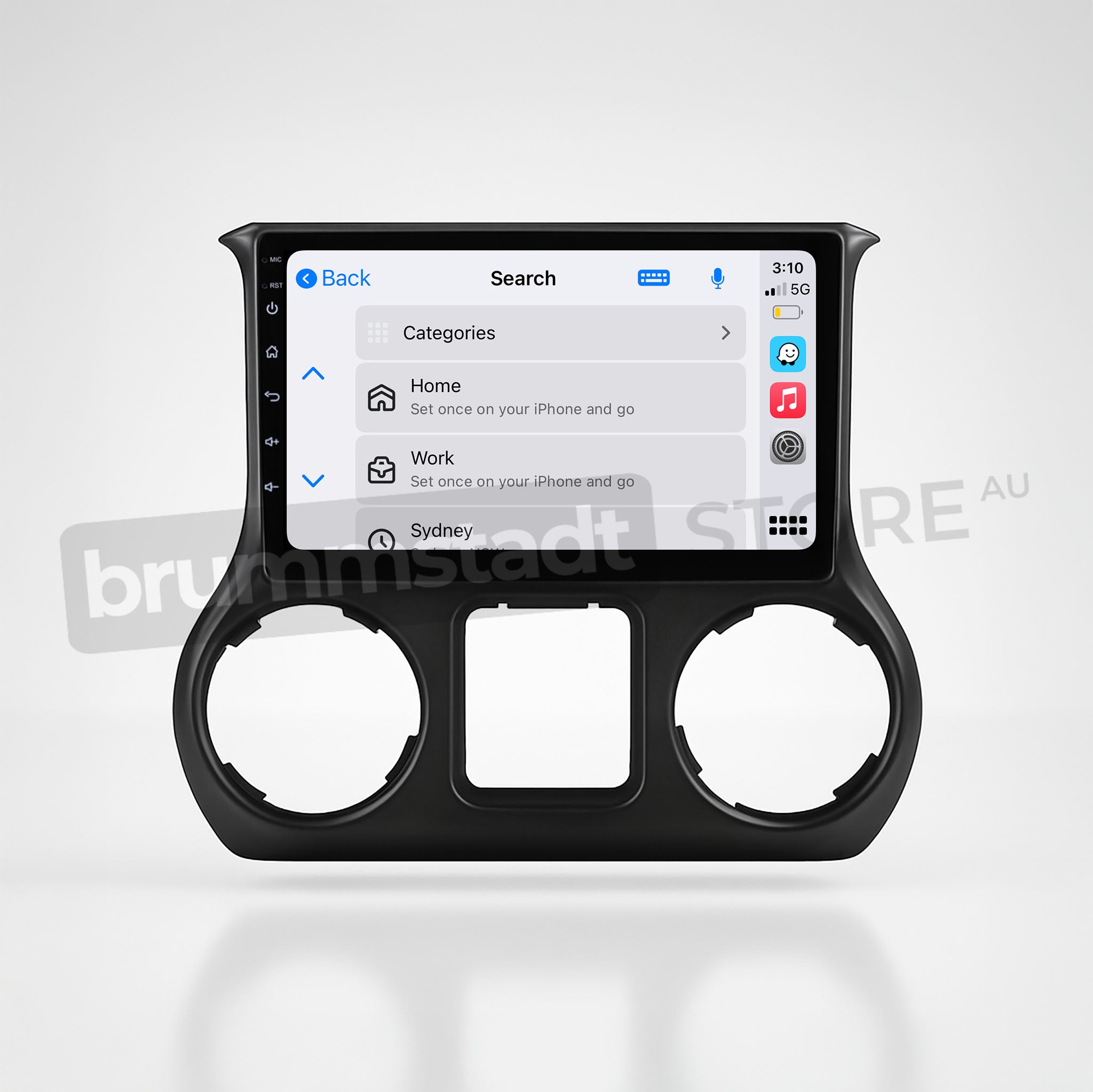Brummstadt, Jeep Wrangler 2015-2019, premium head unit upgrade, featuring Apple CarPlay interface, visible on screen. Jeep Wrangler 2015-2019, showcasing a sleek infotainment system with a prominent Apple CarPlay display. The UI includes app categories like Home and Work, a search bar, and a clear 5G network indicator. Time displayed as 3:10, enhancing user convenience with wired and wireless connectivity options.