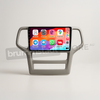 Brummstadt head unit for Jeep Grand Cherokee 2008-2013, gray frame, touchscreen interface showing Apple CarPlay with icons for Google Maps, WhatsApp, Telegram, Waze, EasyPark apps, designed for navigation and communication in Jeep Grand Cherokee vehicles.