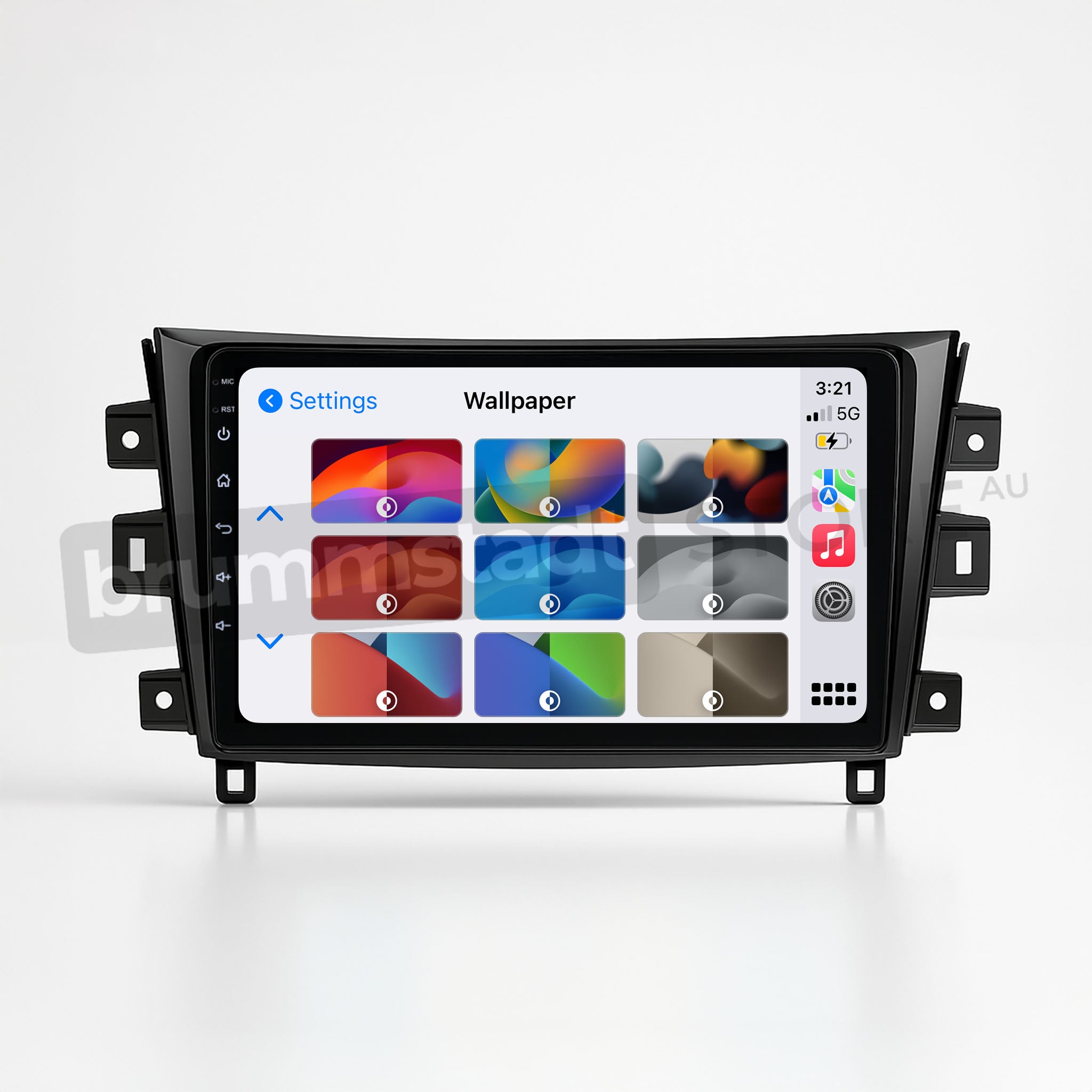 Brummstadt, Nissan Navara 2015, showcasing a premium head unit upgrade with Apple CarPlay. The interface displays a settings menu with wallpaper options, time (3:21), signal strength, and battery level. Visible apps include Music, Maps, and Phone, with a sleek, user-friendly layout. The Nissan Navara 2015 infotainment system enhances driving experience with seamless Apple CarPlay integration, offering both wired and wireless connectivity.