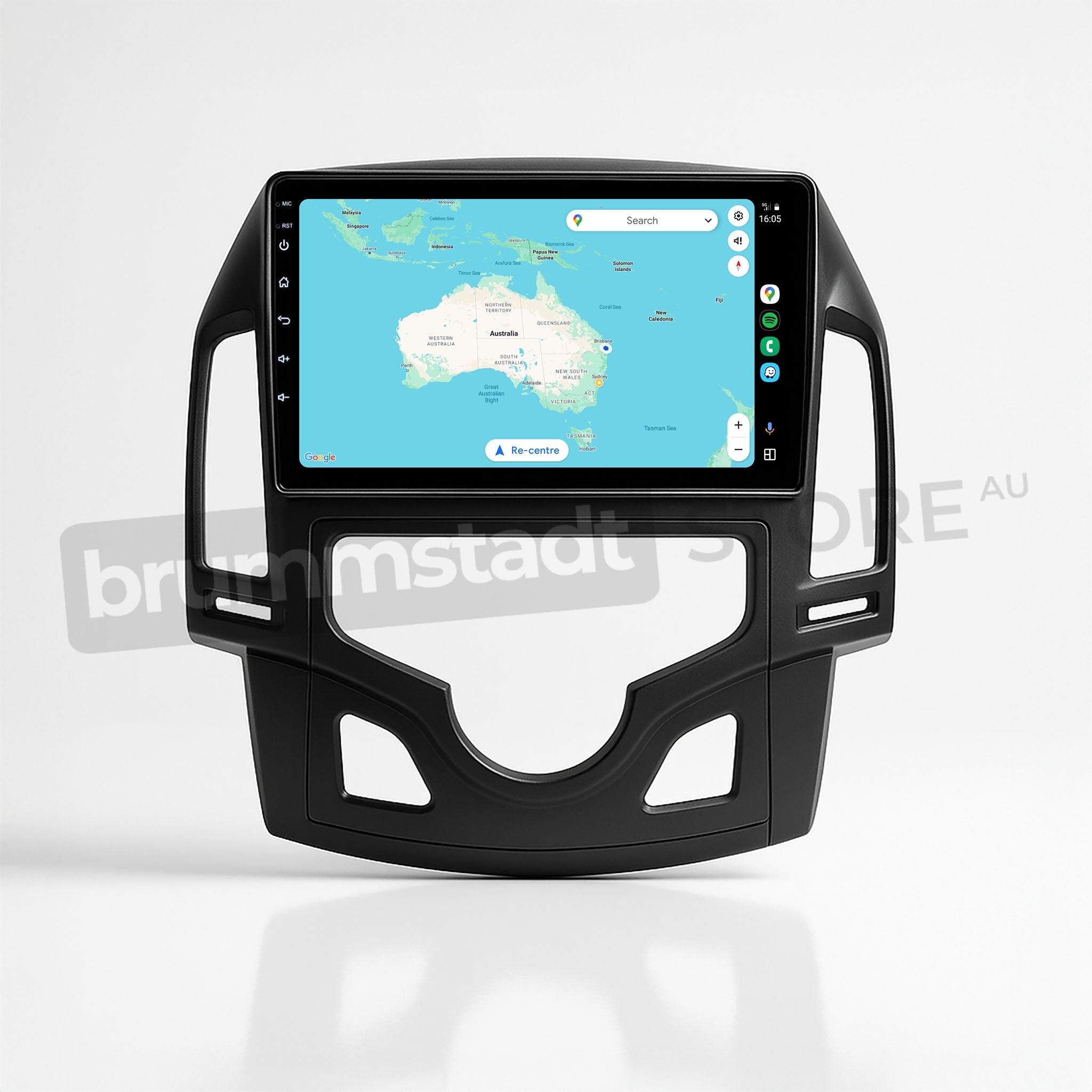 Brummstadt, Hyundai i30 2007-2012, premium head unit displaying Apple CarPlay interface, Hyundai i30 2007-2012, featuring a large touchscreen with navigation app showing a map of Australia, search bar at the top, home button on the left, and app icons on the right, sleek black frame design, enhancing infotainment with both wired and wireless connectivity options, ideal for modernizing the vehicle's dashboard experience.