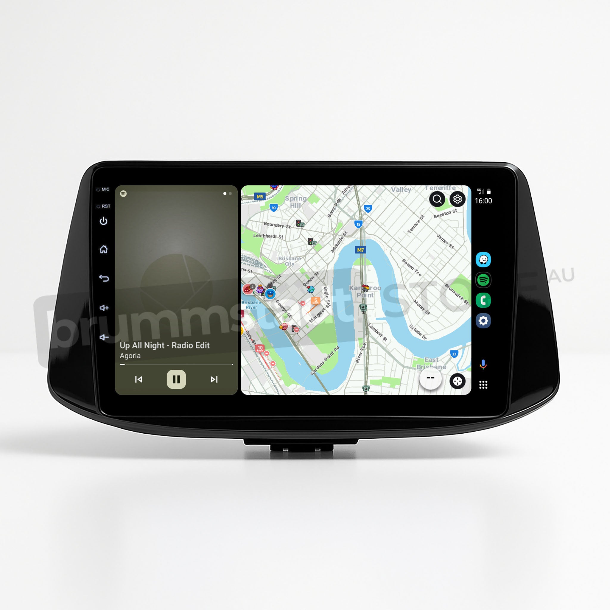 Brummstadt, Hyundai i30 2017-2022, Apple CarPlay interface, Hyundai i30, displaying navigation map with route and traffic details, music player showing "Up All Night - Radio Edit" by Aoria, time displayed as 16:00, app icons visible on the right side, sleek black frame, user-friendly layout, Brummstadt.