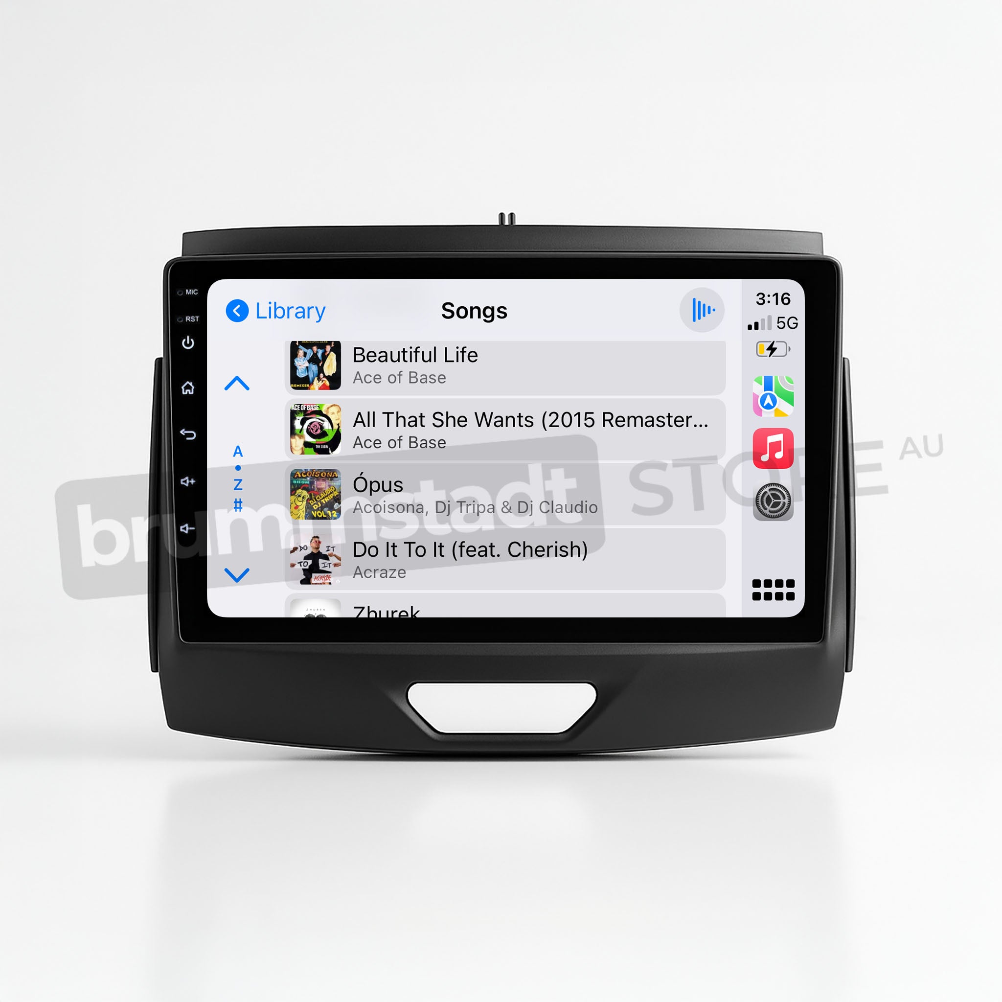 Brummstadt, Ford Ranger 2015-2022, Apple CarPlay interface, Ford Ranger 2015-2022, displaying music library with song titles and artists, left sidebar with app icons, clock showing 3:16, battery and network indicators, prominent music control buttons, sleek modern design, user-friendly interface, ideal for seamless smartphone integration, enhancing driving experience with hands-free control and entertainment options.