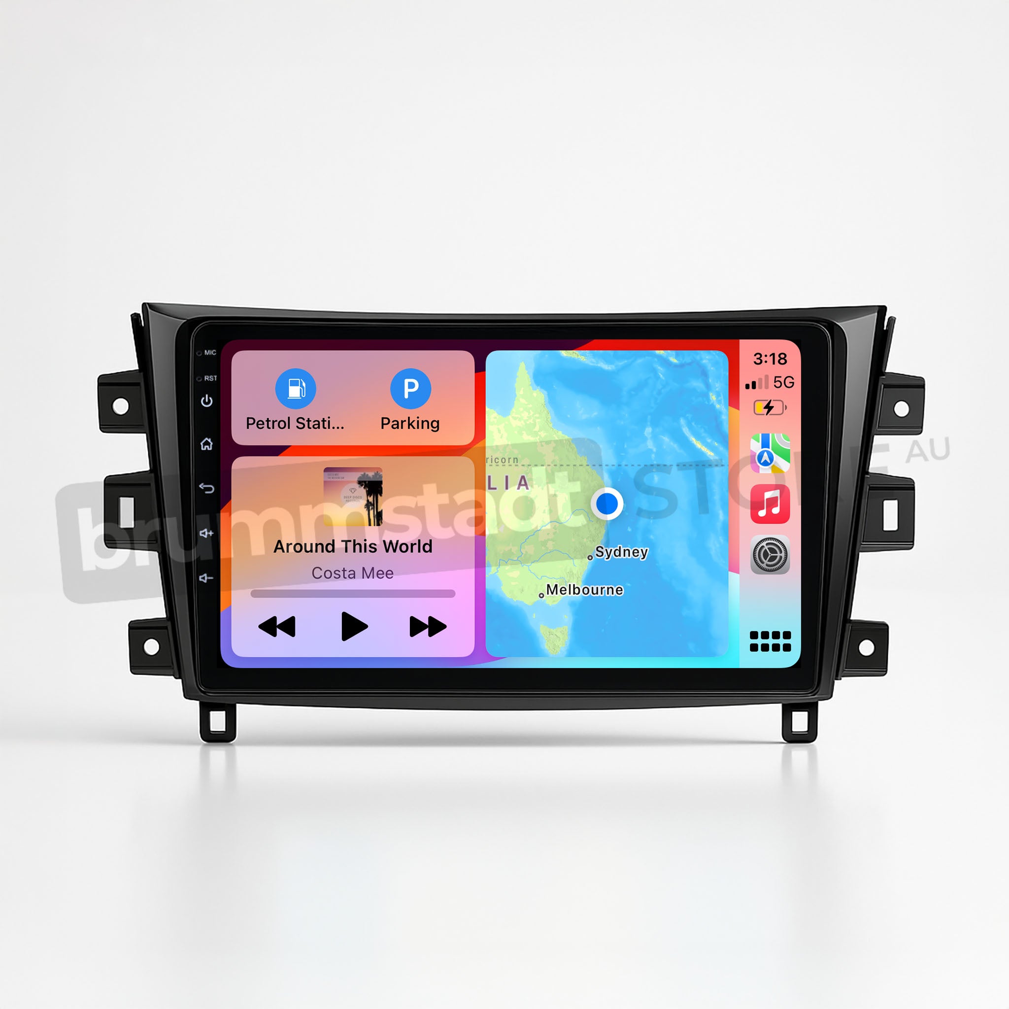 Brummstadt, Nissan Navara 2015-2020, showcasing Apple CarPlay interface, Nissan Navara 2015-2020, featuring map navigation with Sydney and Melbourne locations, music app displaying "Around This World" by Costa Mee, petrol station search, time 3:18, signal strength, battery status, vibrant display, user-friendly layout, premium infotainment system upgrade, seamless integration, enhancing driving experience.