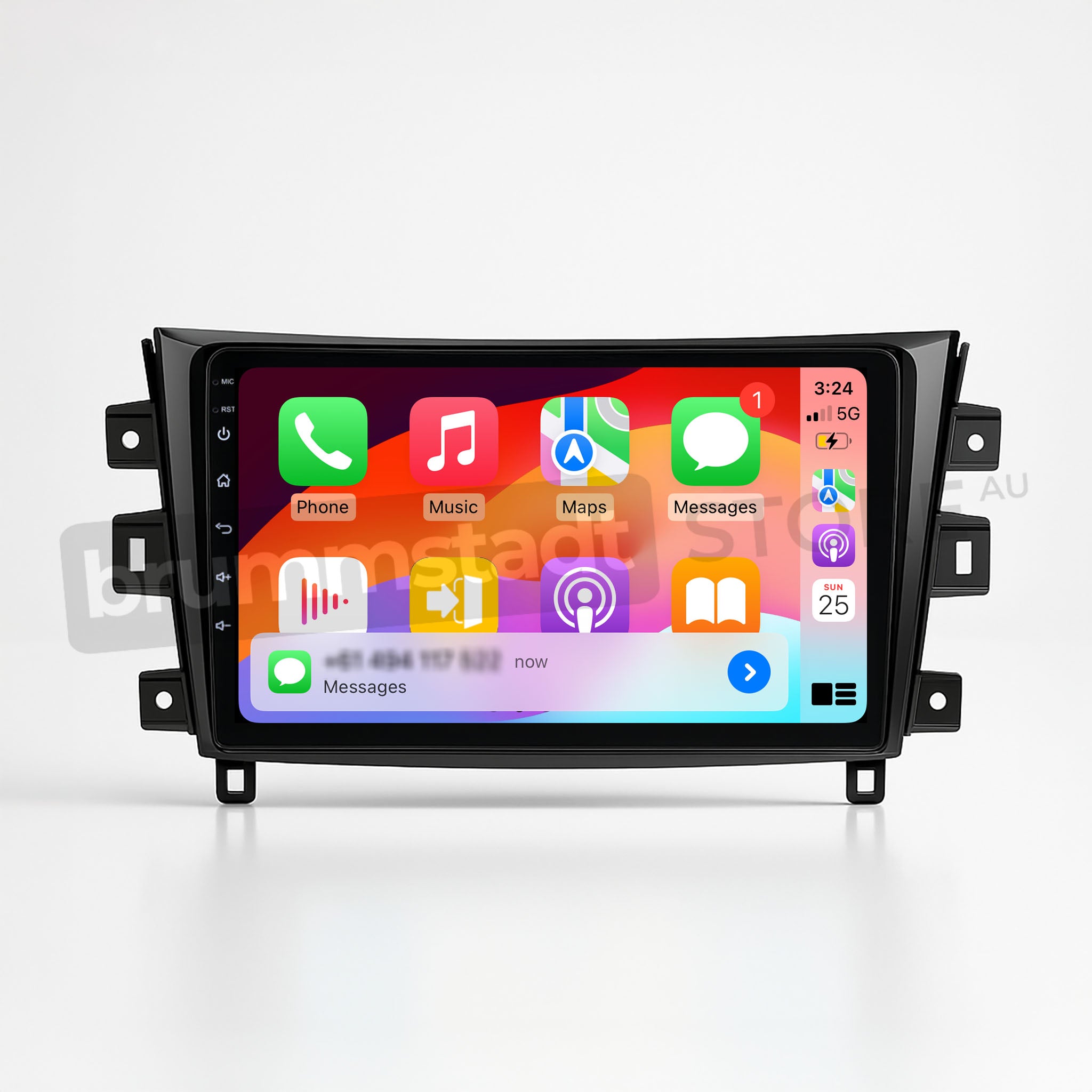 Brummstadt, Nissan Navara 2015, Nissan Navara 2015, Apple CarPlay interface displayed, featuring colorful app icons for Phone, Music, Maps, and Messages. Time shown as 3:24, with full battery and strong network signal indicators. Notable features include a user-friendly layout with easy access to essential apps, enhancing driving convenience and connectivity.
