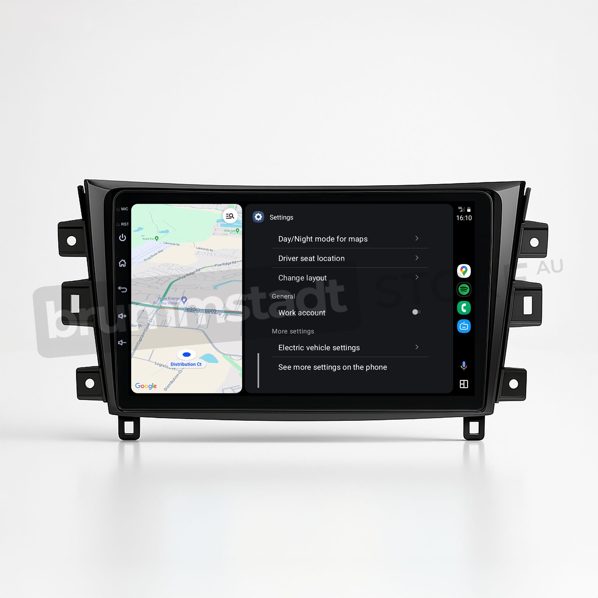 Brummstadt, Nissan Navara 2015-2020, Nissan Navara 2015-2020, Android Auto interface with Google Maps displayed, settings menu visible, options for day/night mode, driver seat location, change layout, work account, electric vehicle settings, and more settings on phone, sleek design, user-friendly interface, essential for navigation and connectivity, enhancing driving experience with modern infotainment features.