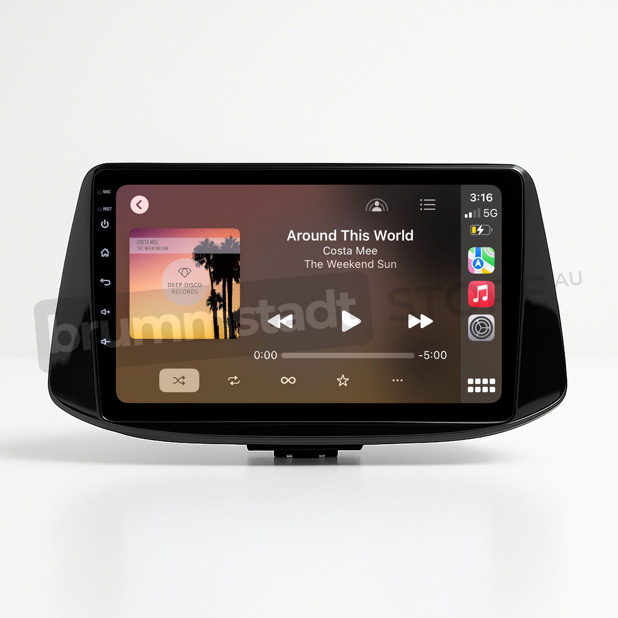 Brummstadt, Hyundai i30 2017-2022, Apple CarPlay interface, Hyundai i30 2017-2022, displaying music app with album art "Around This World" by Costa Mee, play/pause and skip buttons, volume control, time 3:16, signal strength, battery status, app icons on the right including phone, music, maps, messages, and settings, sleek black frame, user-friendly layout, enhancing driving experience with seamless connectivity.