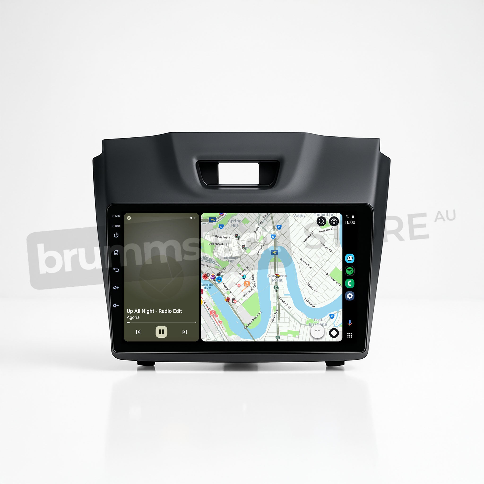 Brummstadt, Isuzu MU-X 2013-2021, Android Auto interface with Maps and Spotify apps, featuring navigation map with route, music player showing "Up All Night - Radio Edit" by Arjuna, time display, and connectivity icons, sleek design for user-friendly experience, enhancing driving with integrated technology, Isuzu MU-X 2013-2021, Brummstadt.