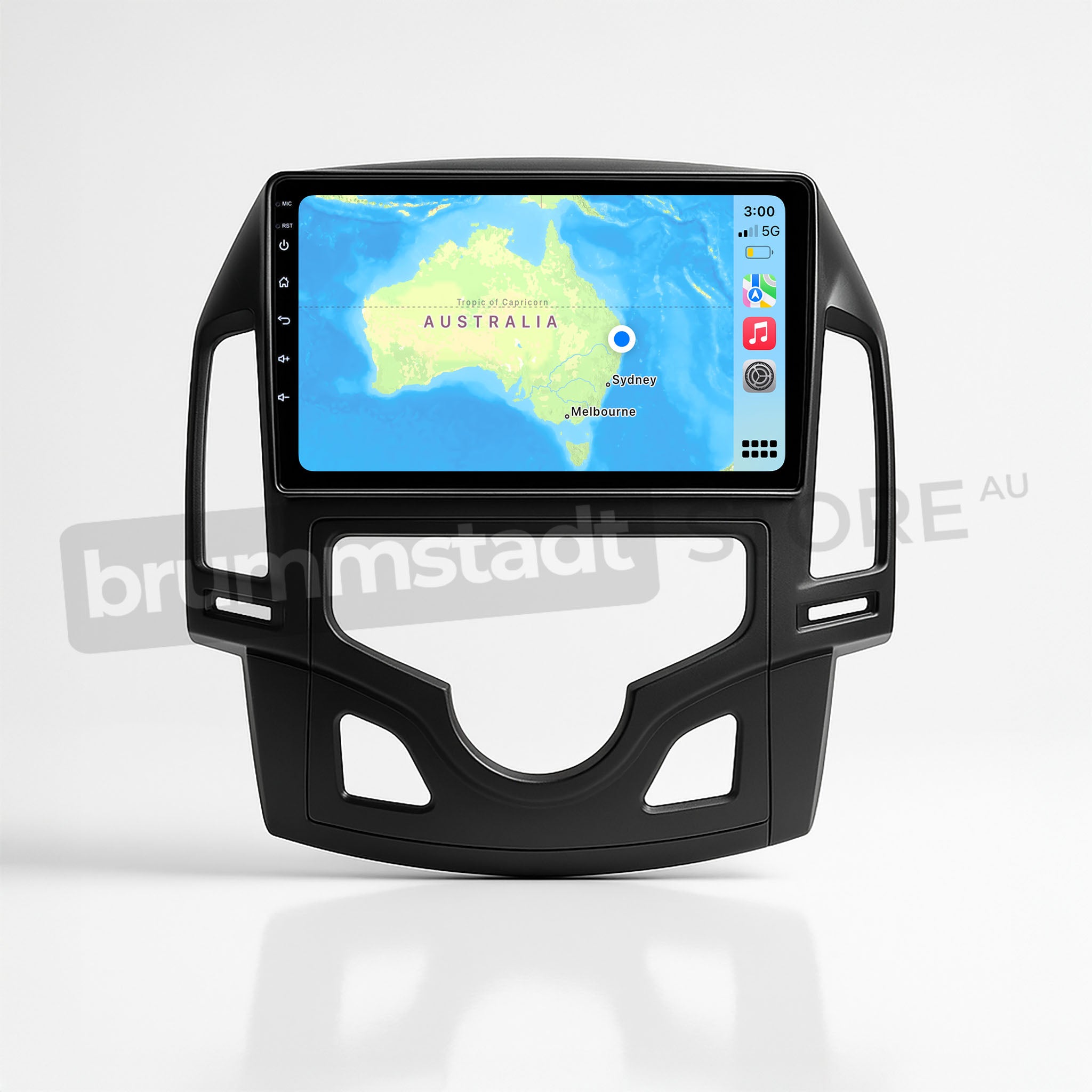 Brummstadt, Hyundai i30 2007-2012, Hyundai i30 2007-2012, Apple CarPlay interface with map of Australia displayed, icons for phone, music, and navigation visible, time 3:00, signal strength, and battery status shown, sleek modern design, user-friendly layout, premium infotainment system upgrade, wired and wireless connectivity options, enhancing driving experience with seamless smartphone integration.