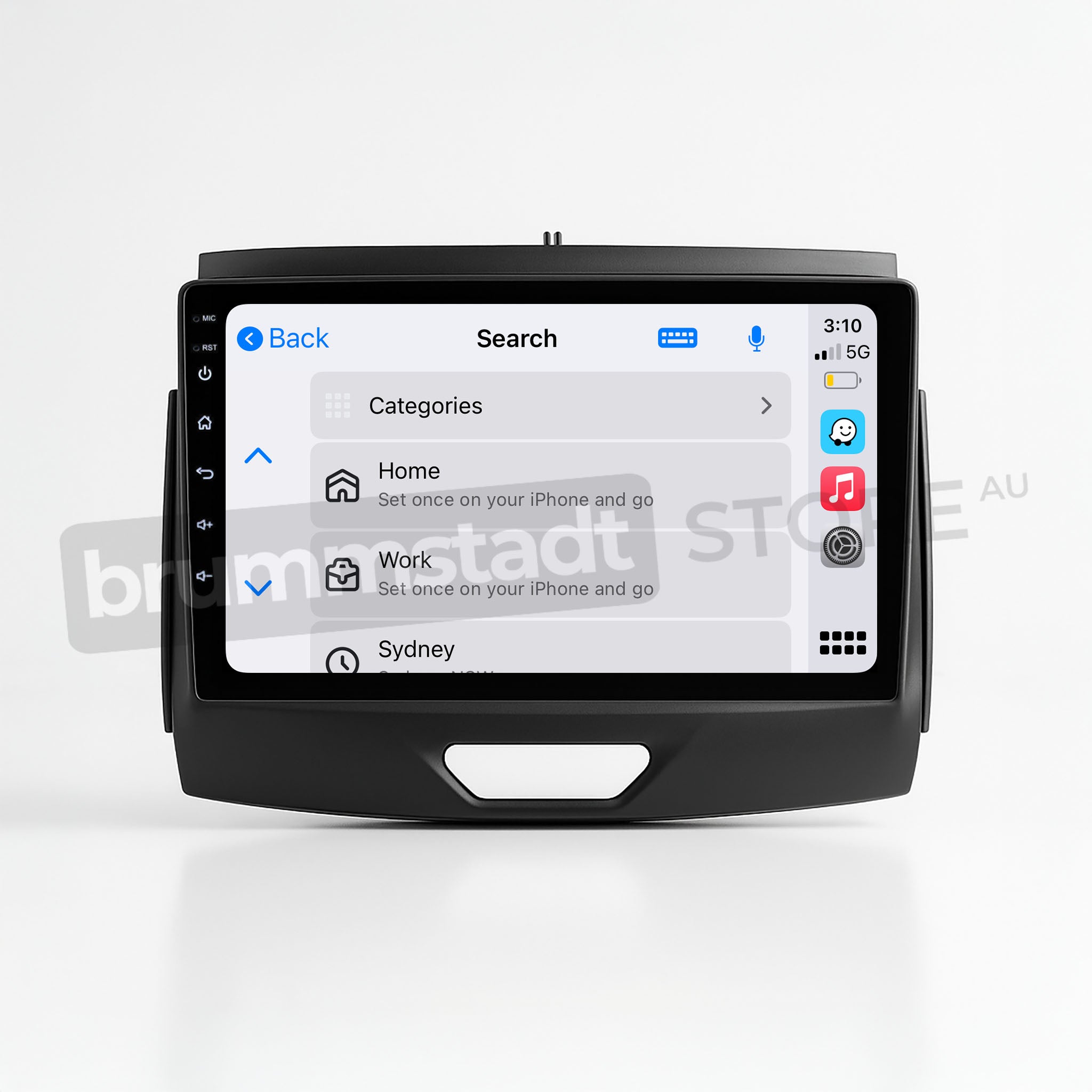 Brummstadt, Ford Ranger 2015-2022, head unit displaying Apple CarPlay interface, featuring a search screen with categories like Home, Work, and Sydney. Visible icons include phone, messages, music, and settings. Top right shows time, signal strength, and battery status. Ford Ranger 2015-2022, Brummstadt, designed for seamless integration with iPhone, offering intuitive navigation and connectivity options.