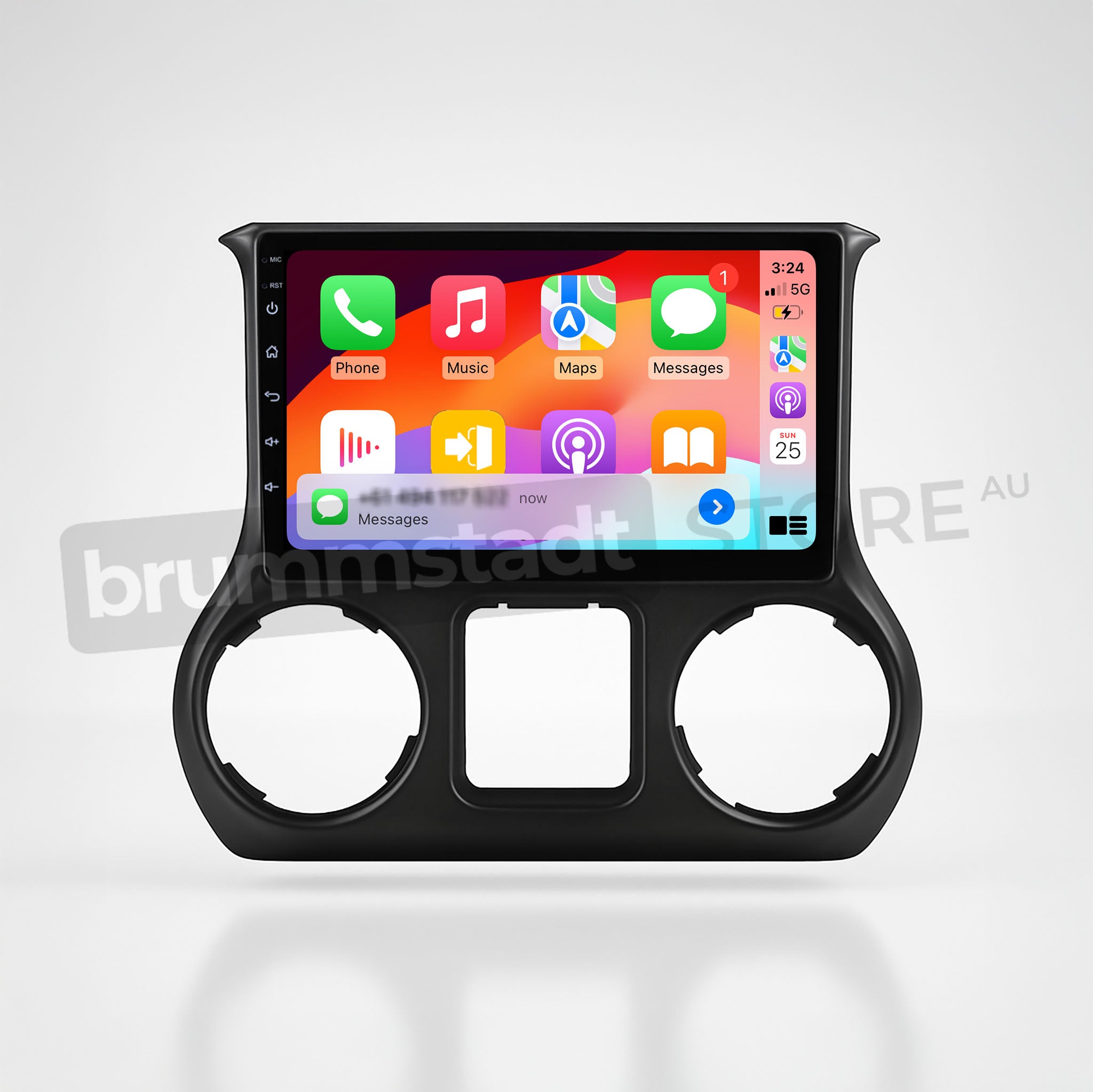 Brummstadt, Jeep Wrangler 2015-2019, Jeep Wrangler head unit featuring Apple CarPlay, displaying apps like Phone, Music, Messages, and Maps. The interface shows a vibrant, user-friendly layout with clear app icons, a digital clock reading 3:24, and full network signal. The unit supports both wired and wireless connectivity, enhancing user experience with seamless integration of smartphone functionalities.
