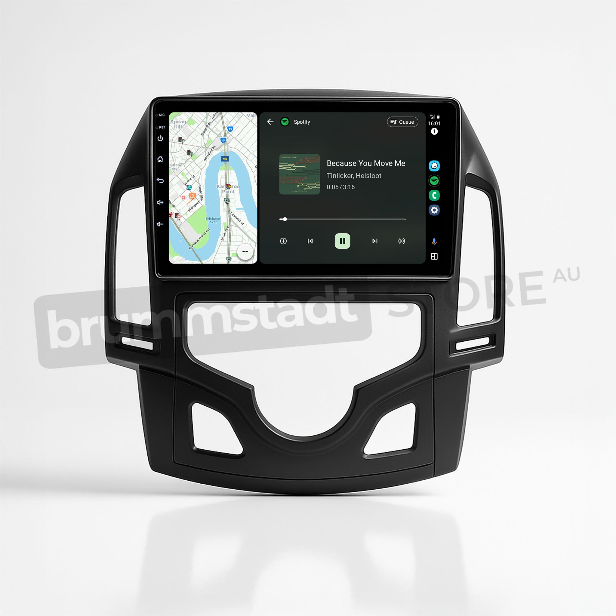 Brummstadt, Hyundai i30 2007-2012, premium head unit upgrade kit featuring Apple CarPlay, displaying Spotify app with song "Because You Move Me" by Tinlicker & Helsloot, and Google Maps navigation. Hyundai i30 2007-2012 infotainment system, sleek design, user-friendly interface, essential apps, clear layout, enhancing driving experience with modern connectivity features.