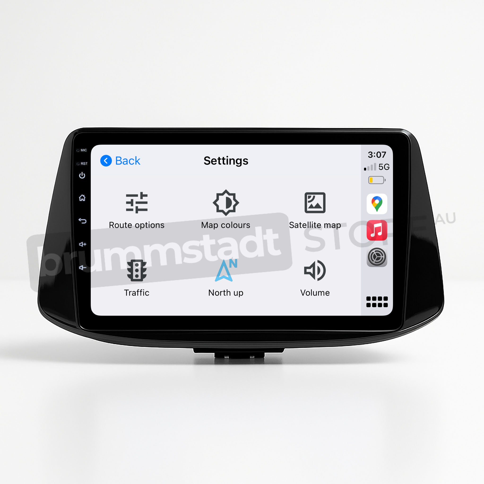 Brummstadt, Hyundai i30 2017-2022, Apple CarPlay interface, Hyundai i30 2017-2022, displaying settings menu with options for route, map colors, satellite map, traffic, north up, and volume, icons for Wi-Fi, Bluetooth, battery status, and time at 3:07, 5G network indicator, user-friendly interface with clear icons and easy navigation, enhancing driving experience with seamless smartphone integration.