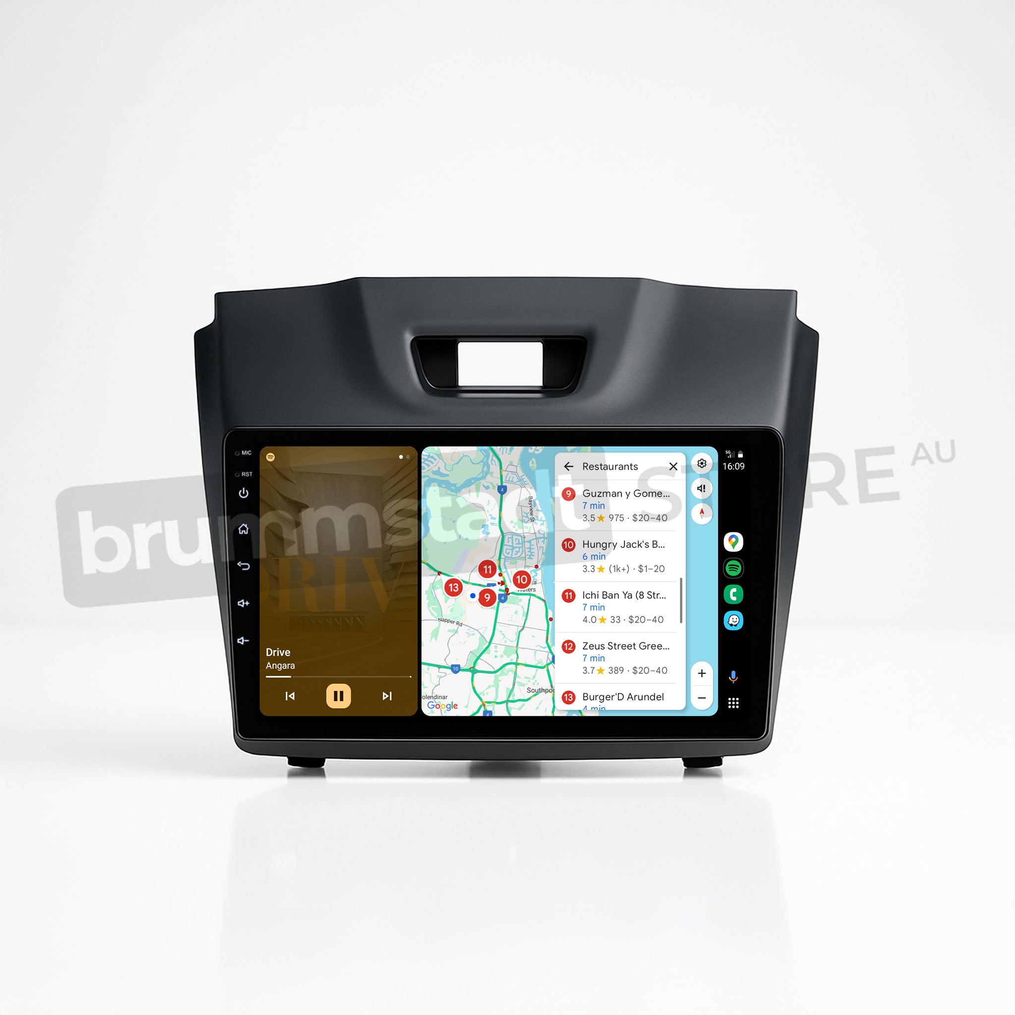 Brummstadt, Isuzu MU-X 2013-2021, Android Auto interface, showcasing Isuzu MU-X's advanced infotainment system. The screen displays a split view with Google Maps navigation on the right, highlighting nearby restaurants, and Spotify music app on the left playing "Drive" by an artist. Visible icons include home, back, and recent apps. The sleek design integrates seamlessly with Isuzu MU-X, enhancing user experience with intuitive controls.