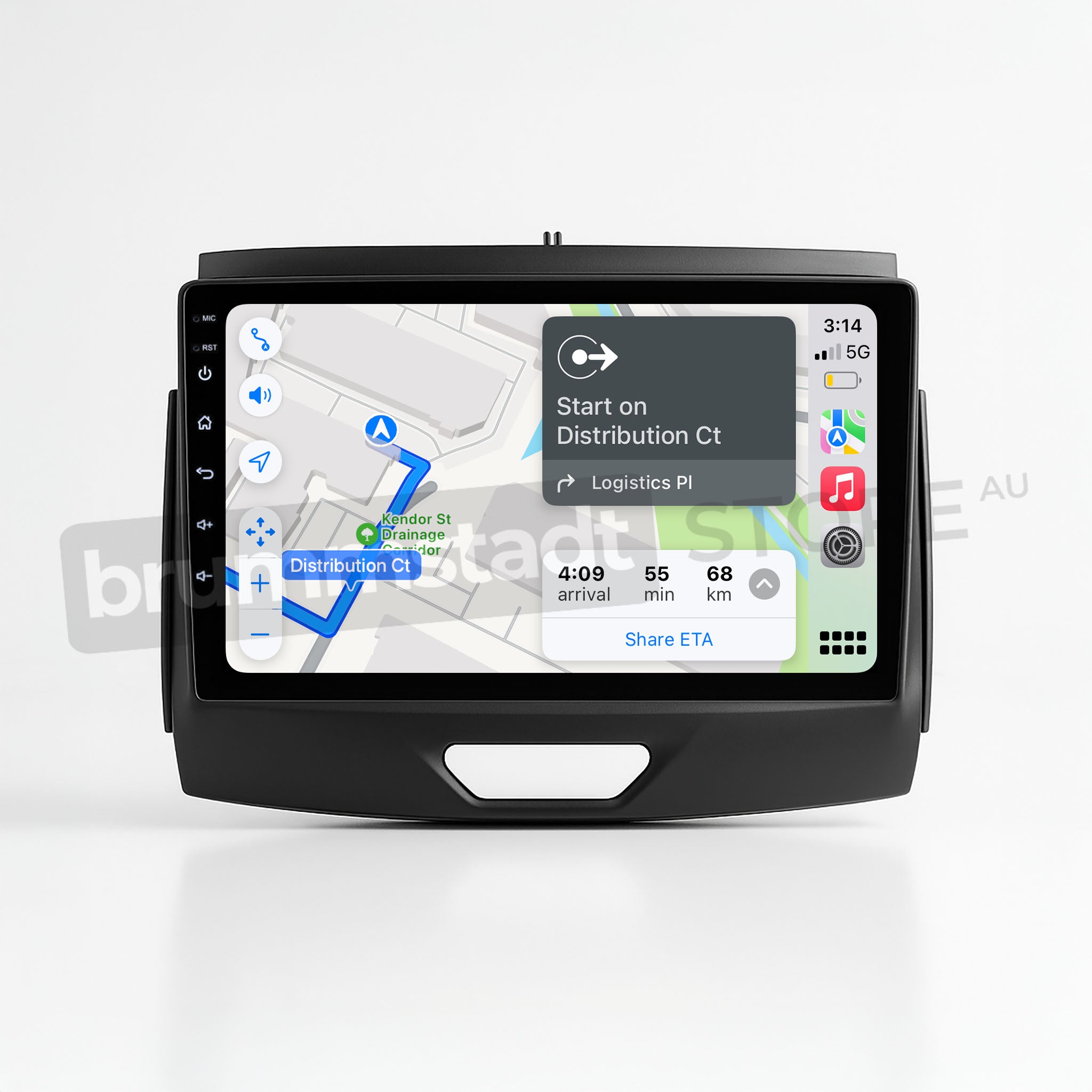 Brummstadt, Ford Ranger 2015-2022, displaying Apple CarPlay interface, Ford Ranger 2015-2022, showcasing navigation app with map directions to Distribution Ct, estimated arrival time 4:09, distance 55 miles, travel time 68 minutes, visible 5G network signal, battery status, time 3:14, various app icons on the left side, including phone, music, and settings, user-friendly layout, modern infotainment features.