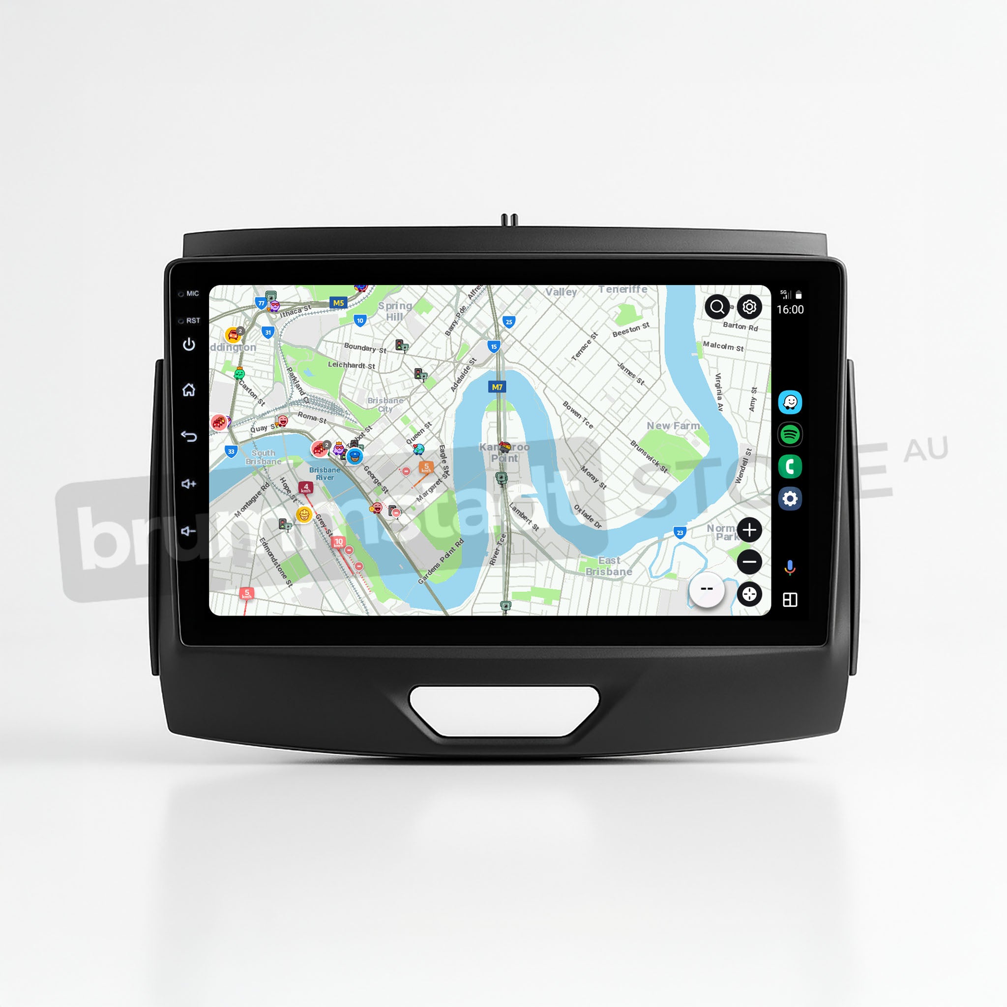 Brummstadt, Ford Ranger 2015-2022, Android Auto interface displayed on Ford Ranger head unit, featuring a detailed map view with navigation routes, traffic icons, and location markers. The screen shows a clear layout with app icons on the left, including Maps, Phone, and Music. Time displayed as 16:00, with network and battery status visible. The interface is user-friendly, offering seamless connectivity and navigation options.